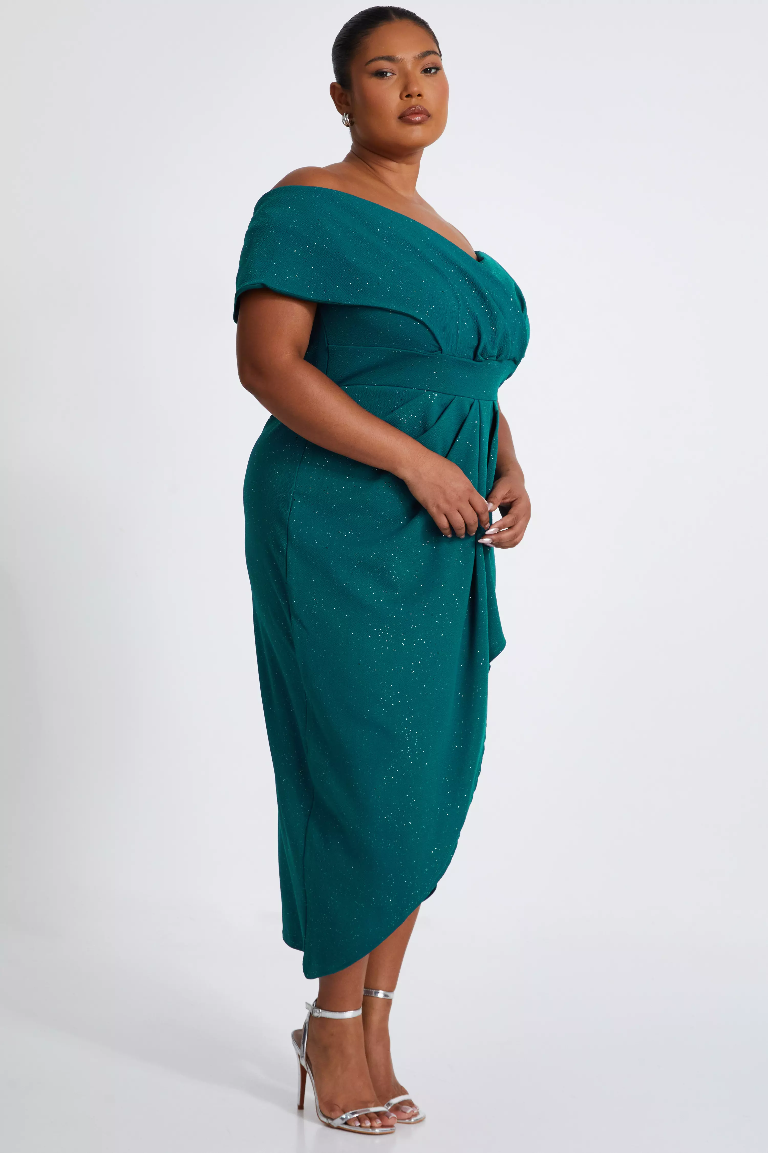 Curve Bottle Green Glitter Bardot Midi Dress