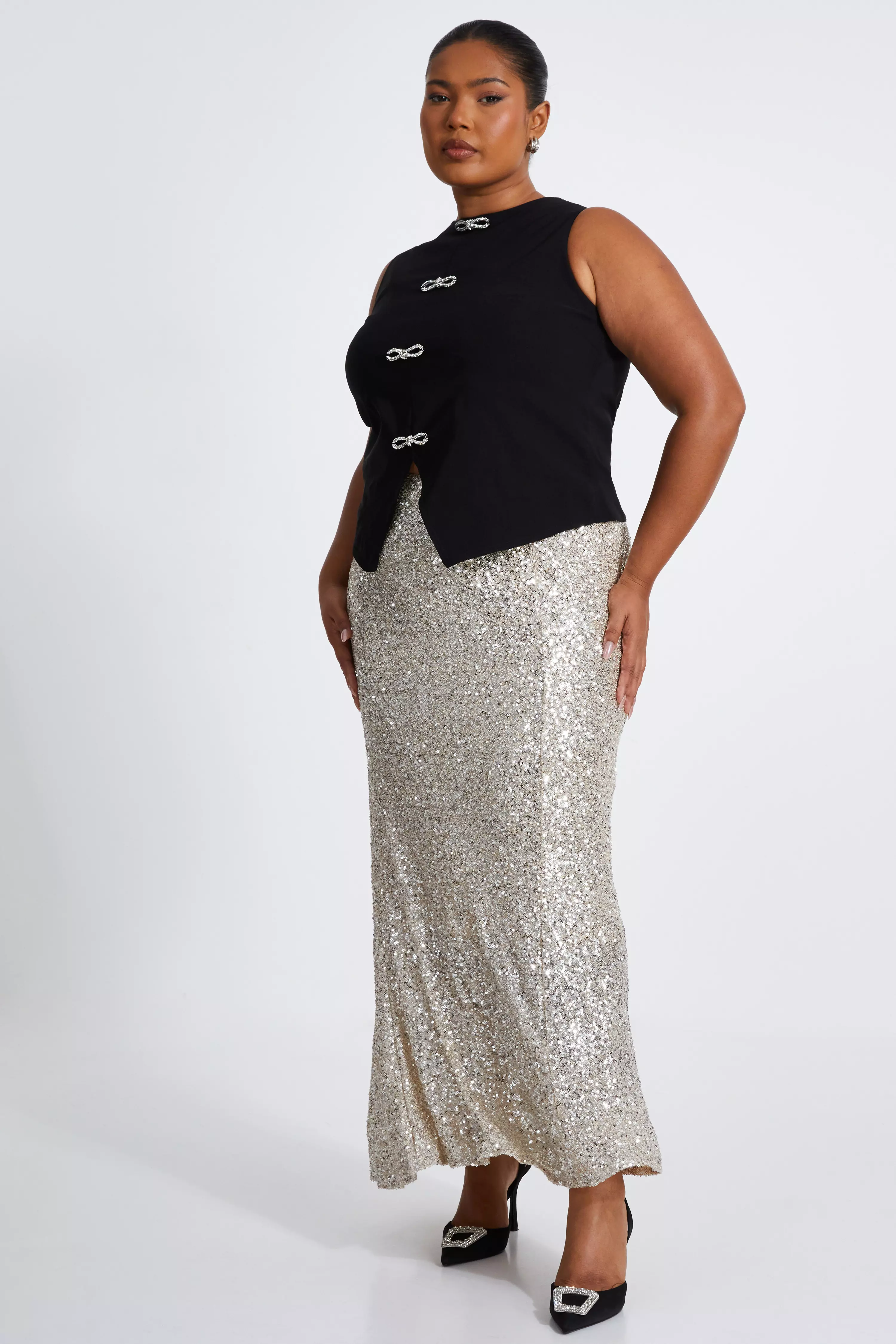 Curve Champagne Sequin Maxi Skirt