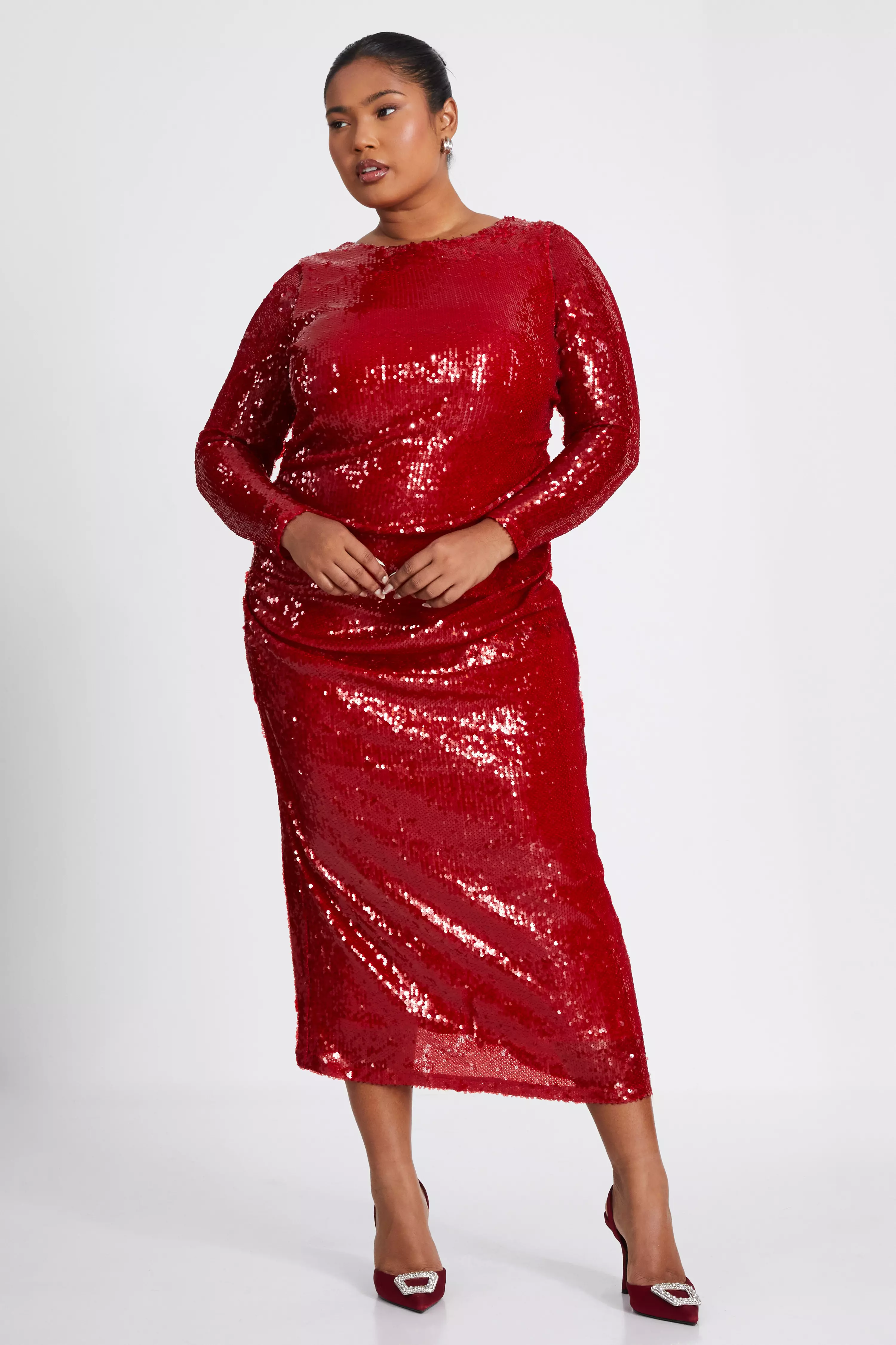 Curve Red Sequin Ruched Midaxi Dress