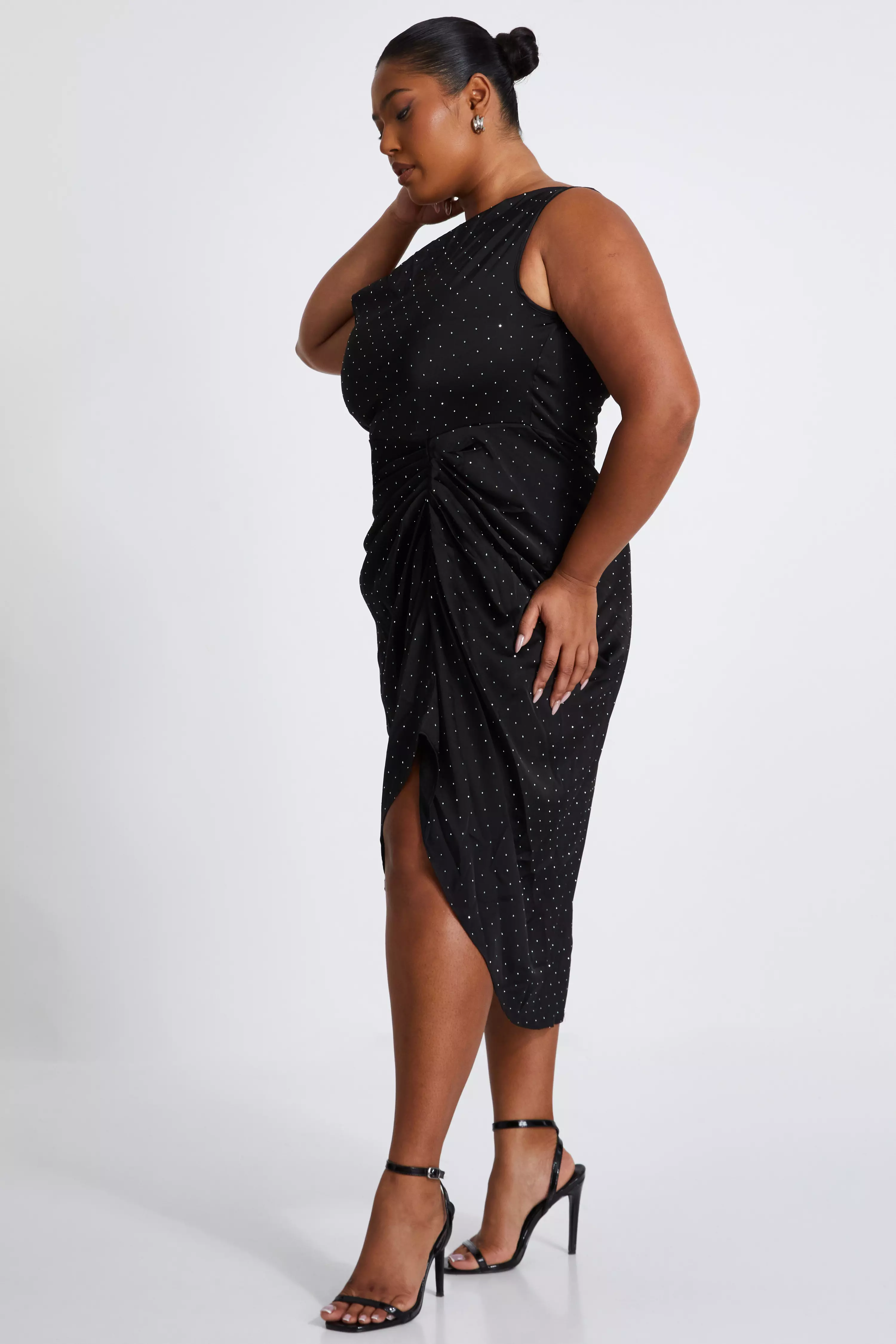 Curve Black Rhinestone Satin Midi Dress