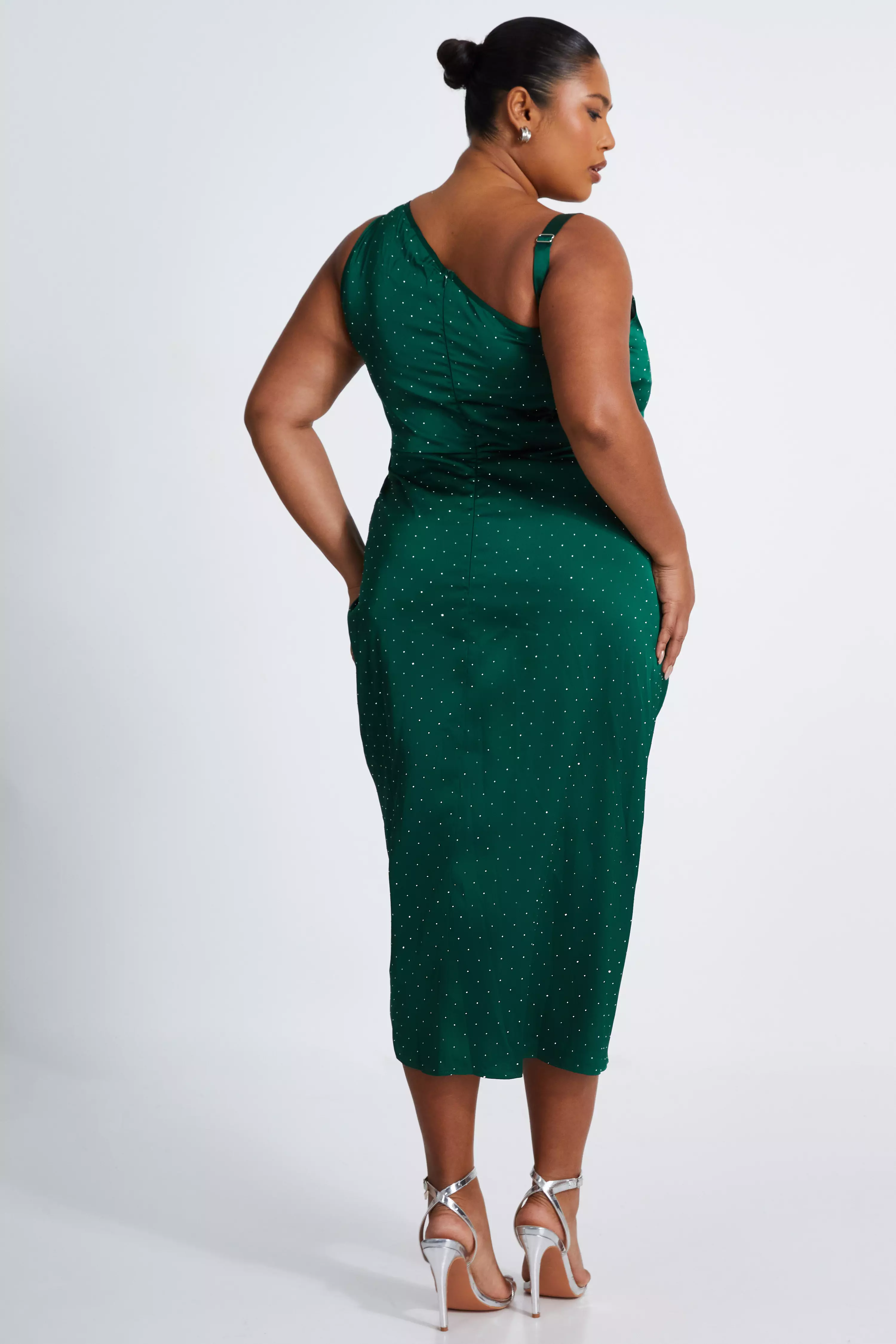 Curve Bottle Green Rhinestone Satin Midi Dress