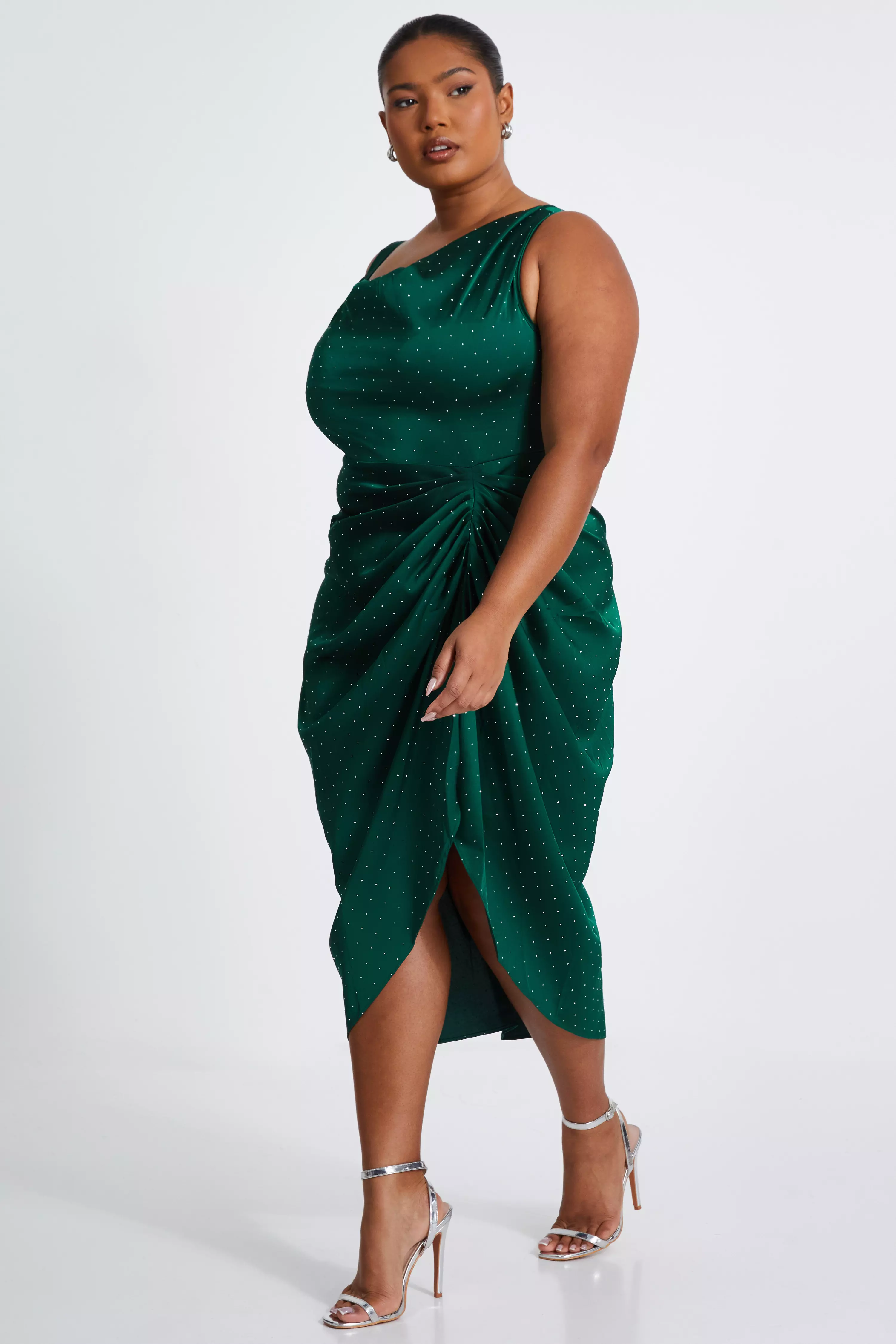 Curve Bottle Green Rhinestone Satin Midi Dress