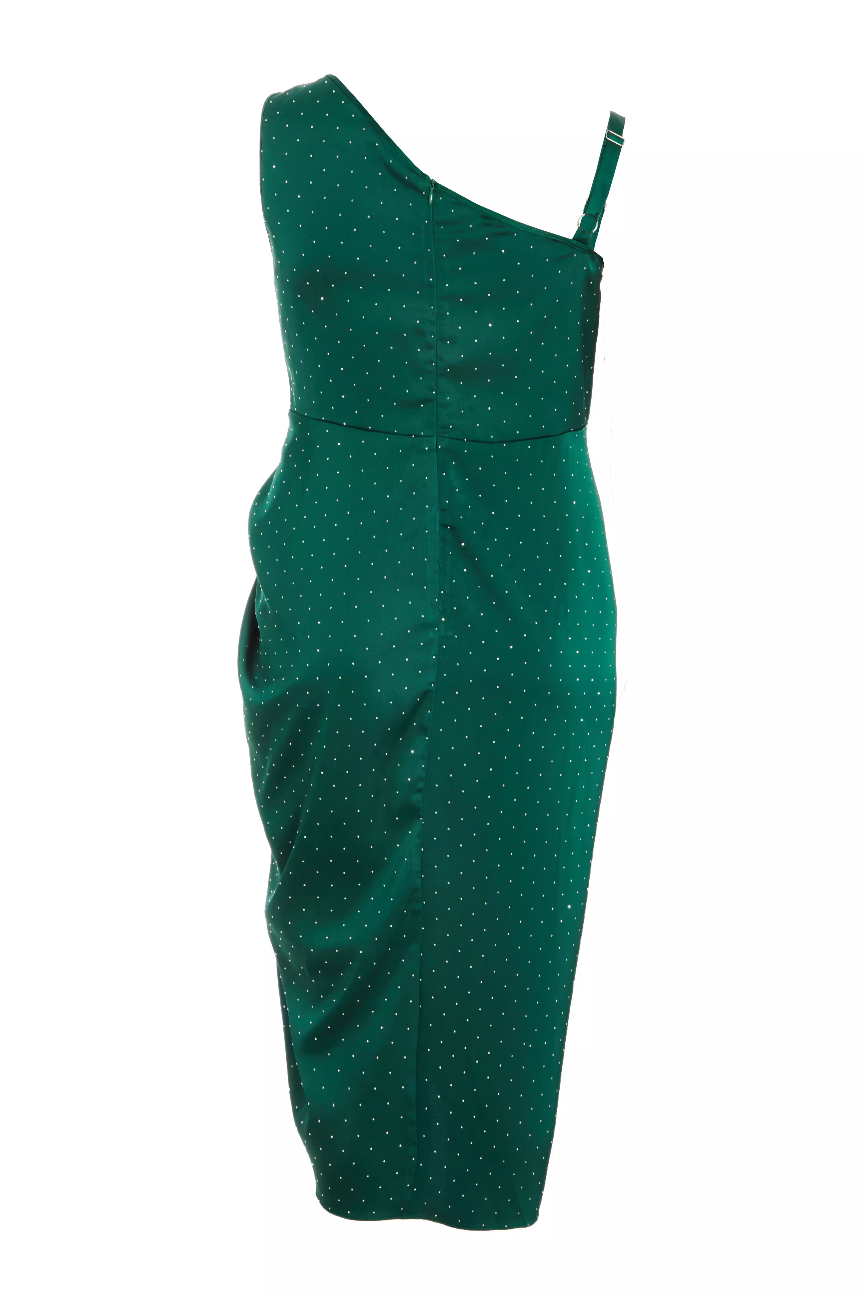 Curve Bottle Green Rhinestone Satin Midi Dress