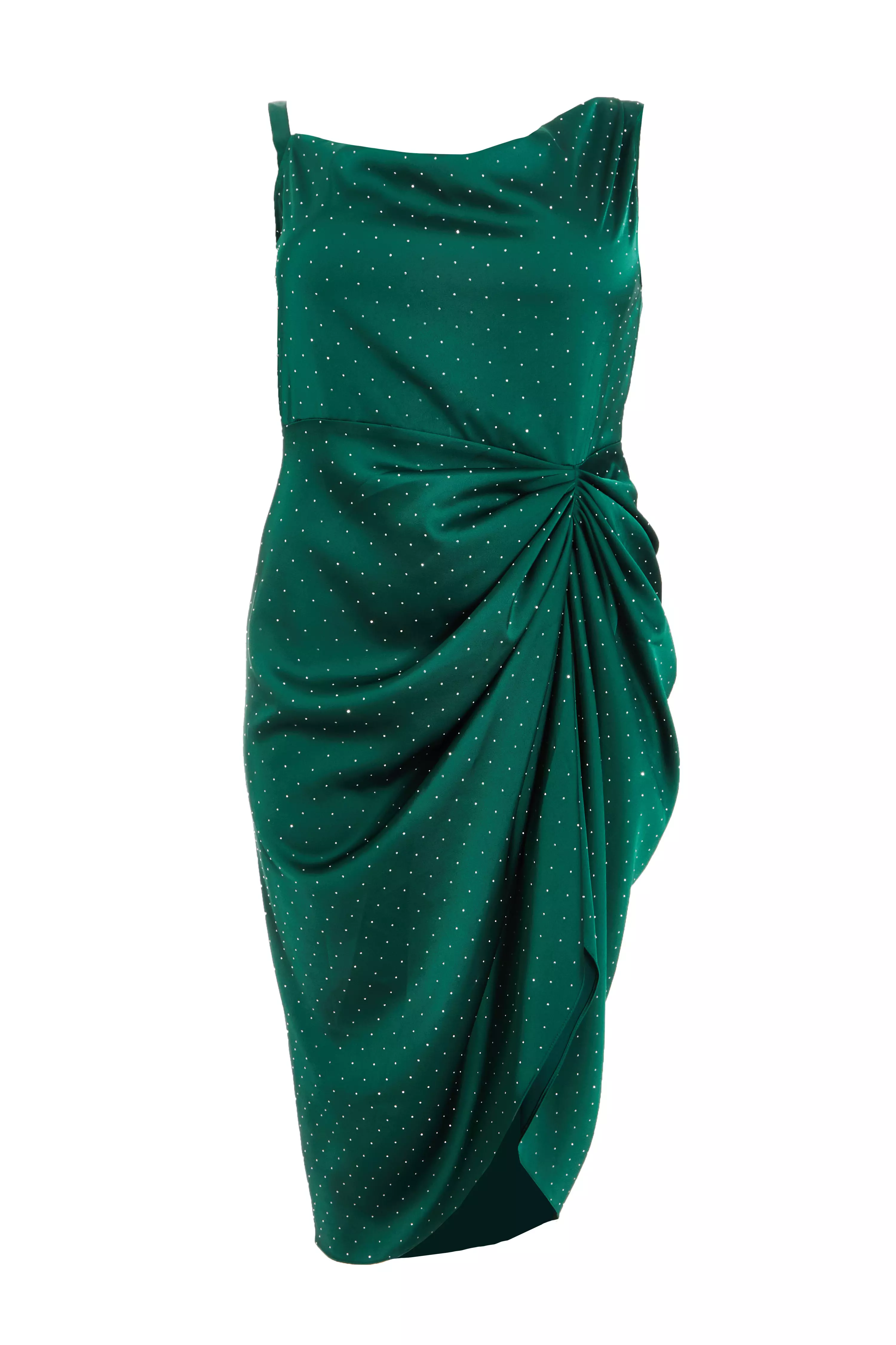 Curve Bottle Green Rhinestone Satin Midi Dress