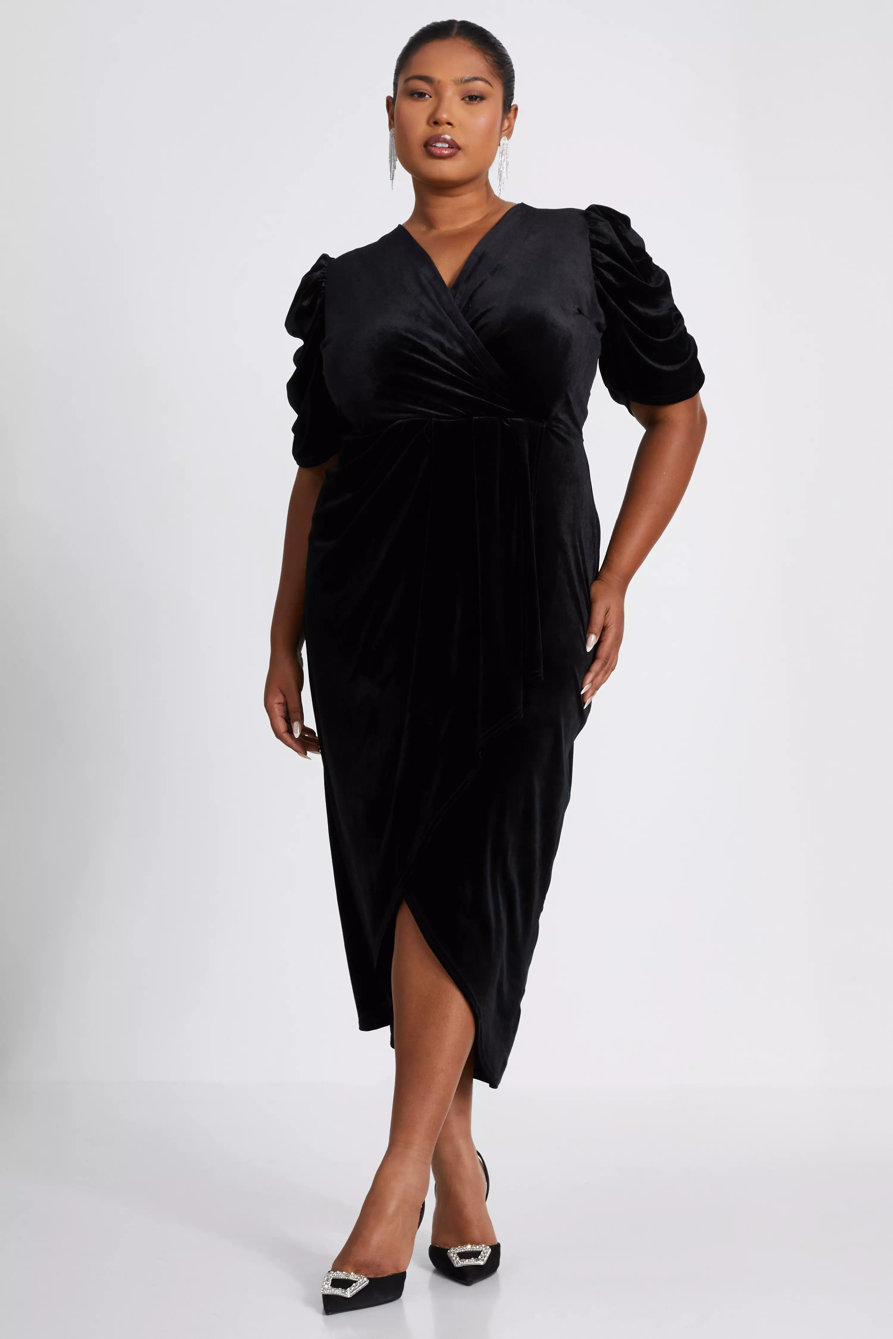 Curve Black Velvet Wrap Midi Dress