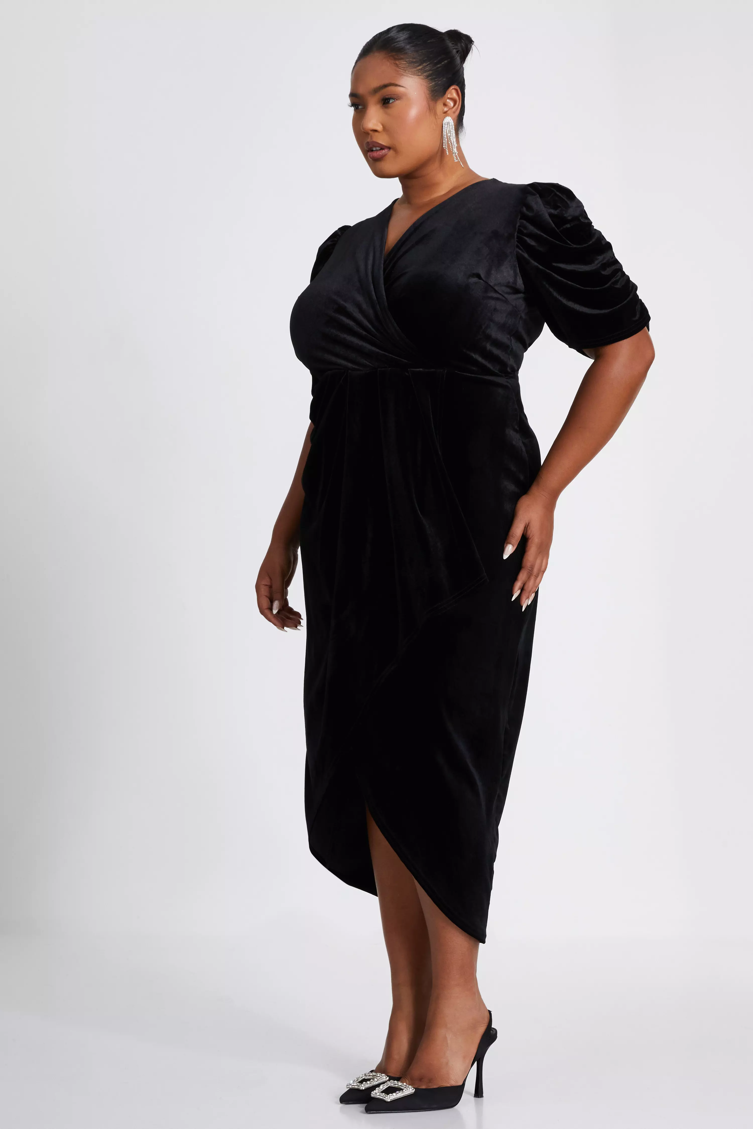 Curve Black Velvet Wrap Midi Dress