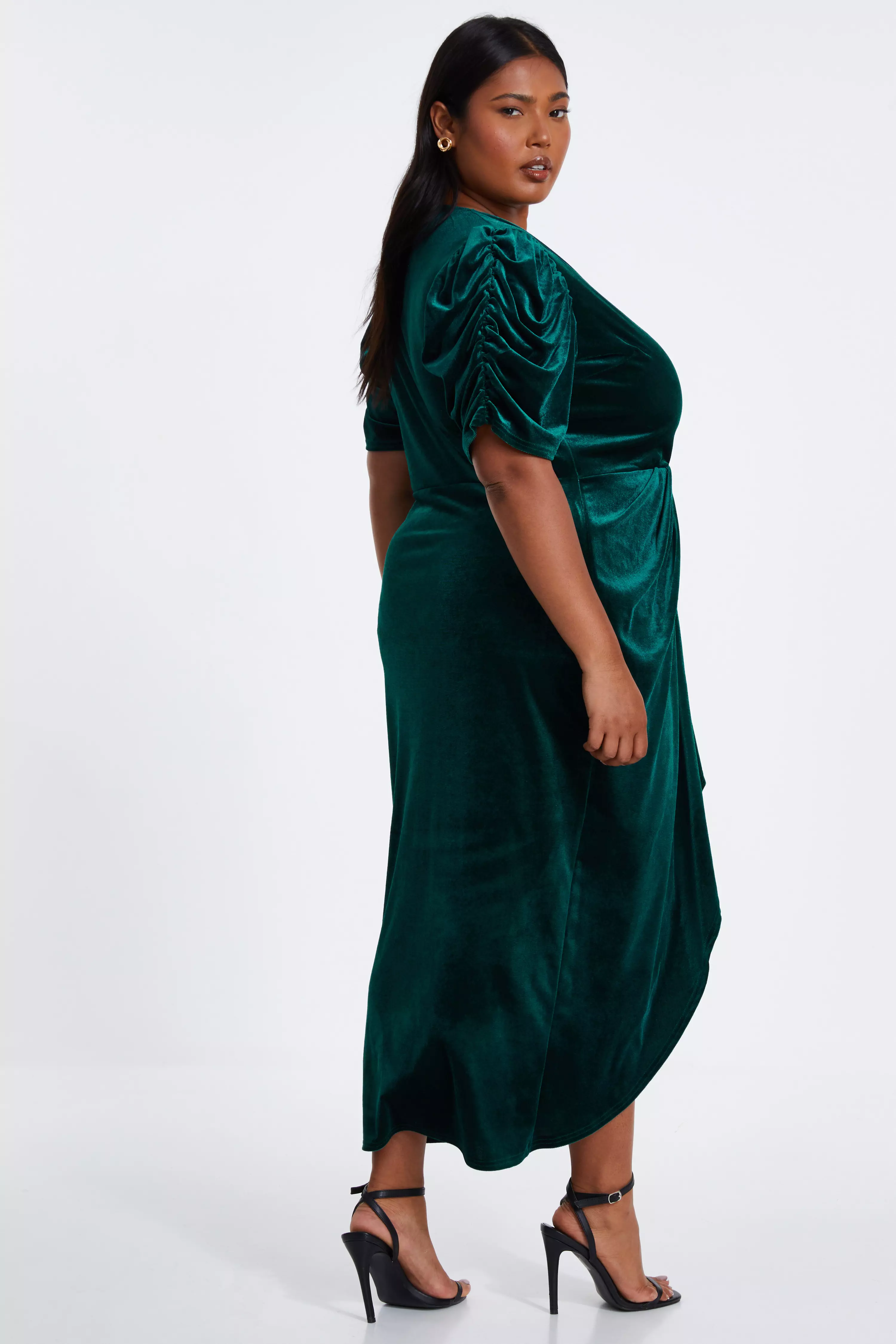 Curve Bottle Green Velvet Wrap Midi Dress