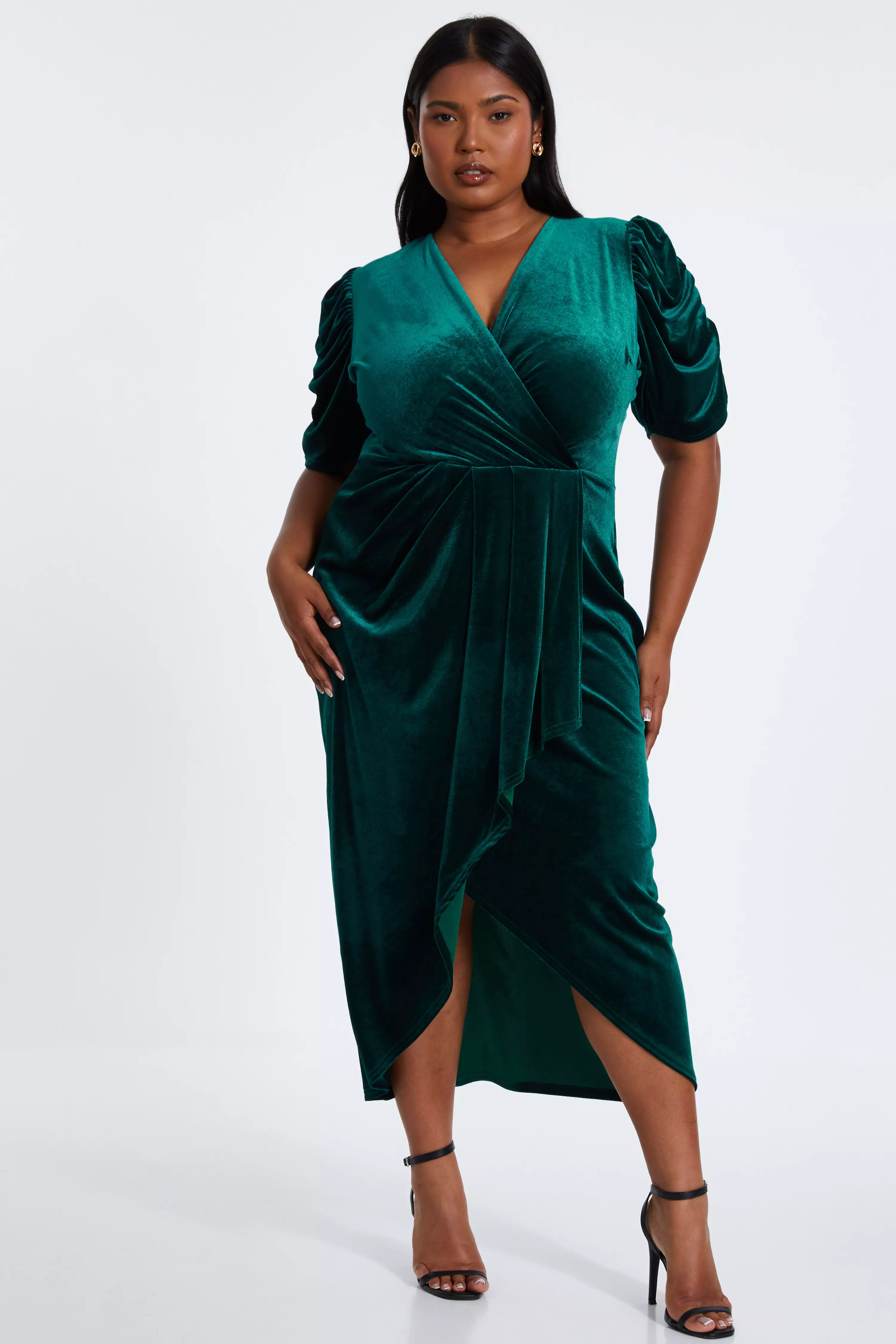 Curve Bottle Green Velvet Wrap Midi Dress