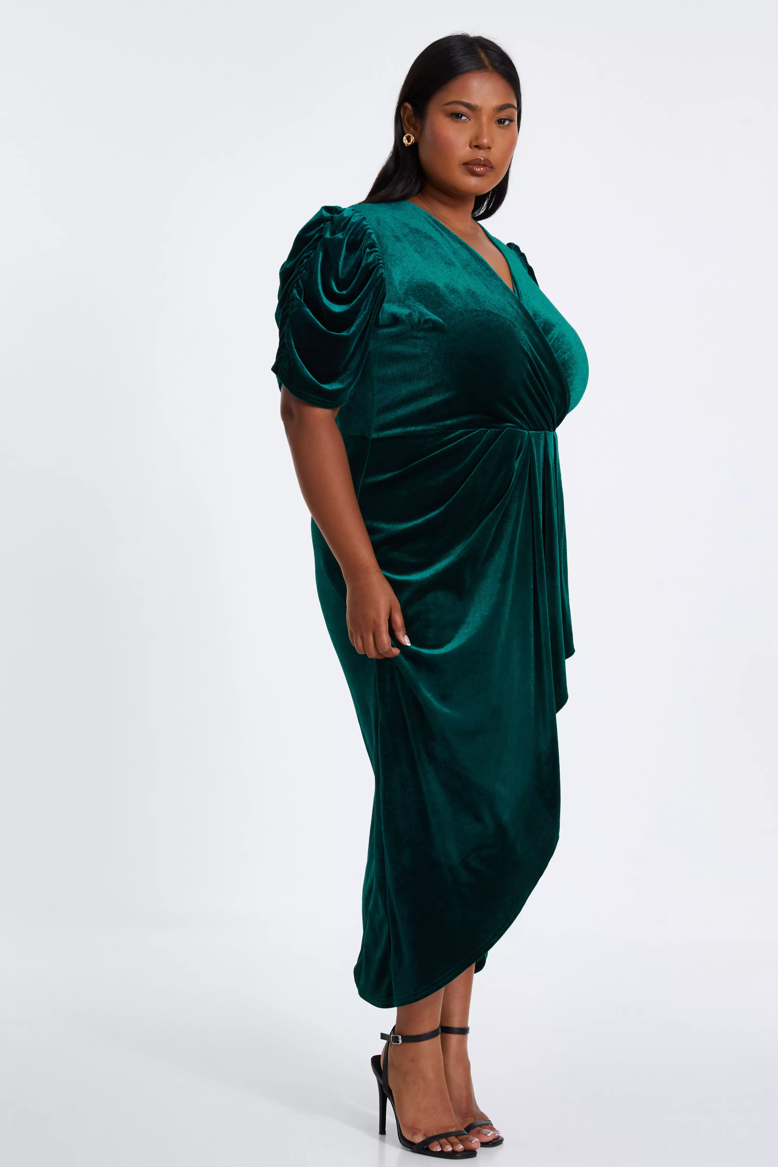 Curve Bottle Green Velvet Wrap Midi Dress