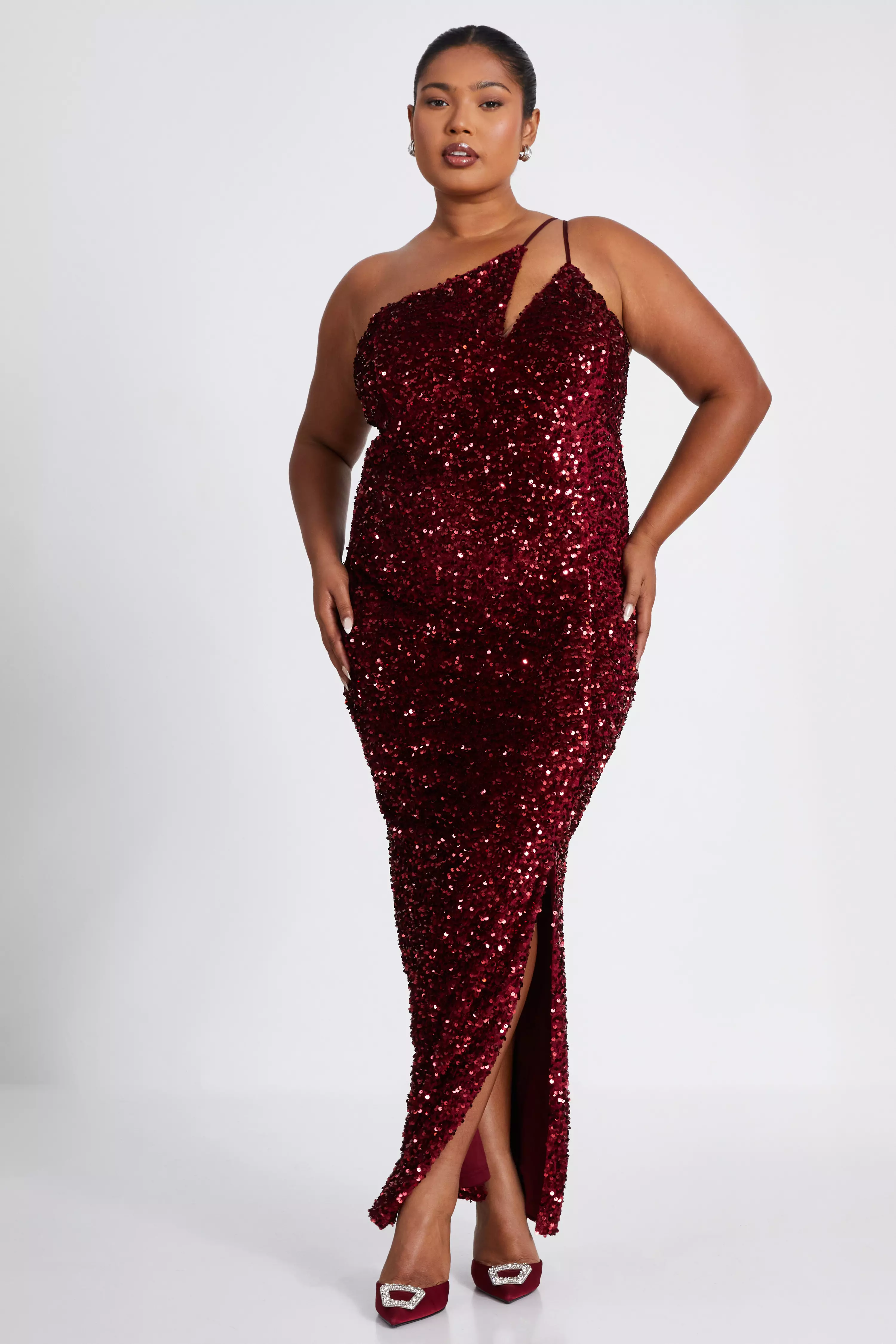 Curve Dark Red Sequin Maxi Dress