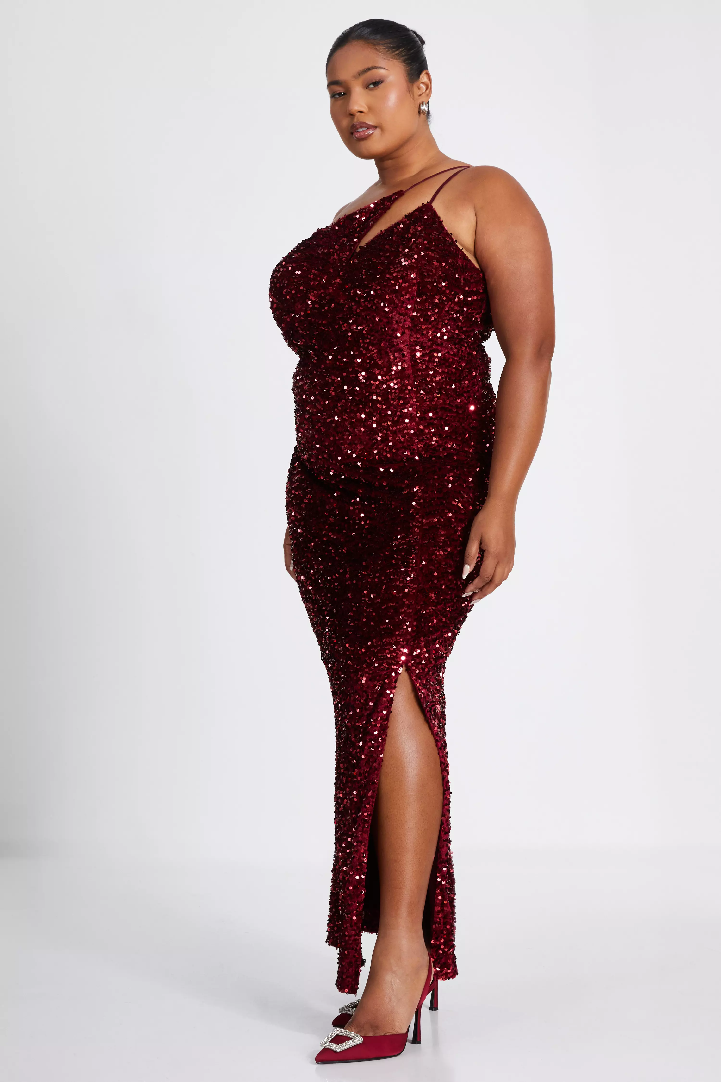 Curve Dark Red Sequin Maxi Dress