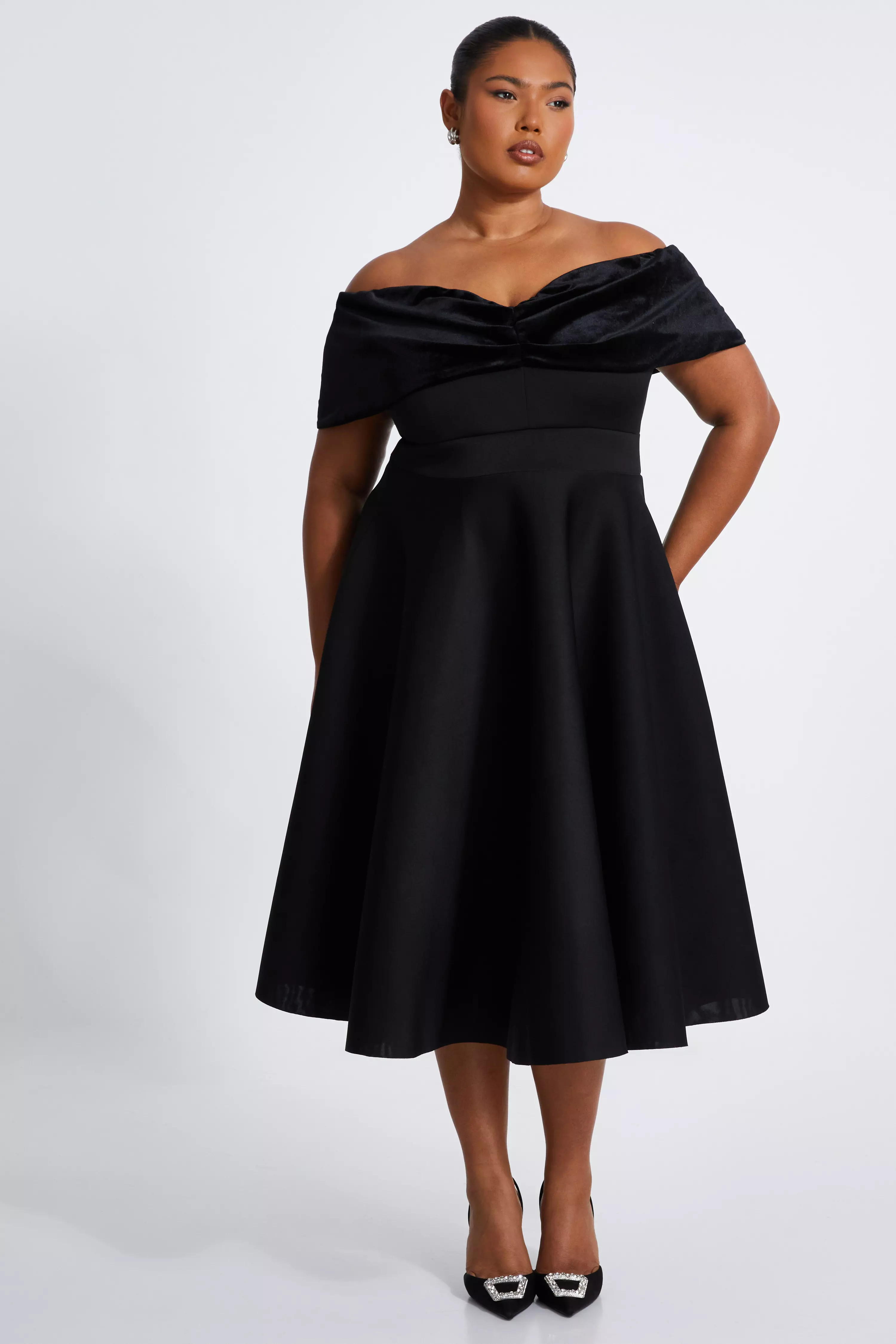 Curve Black Velvet Bardot Skater Dress