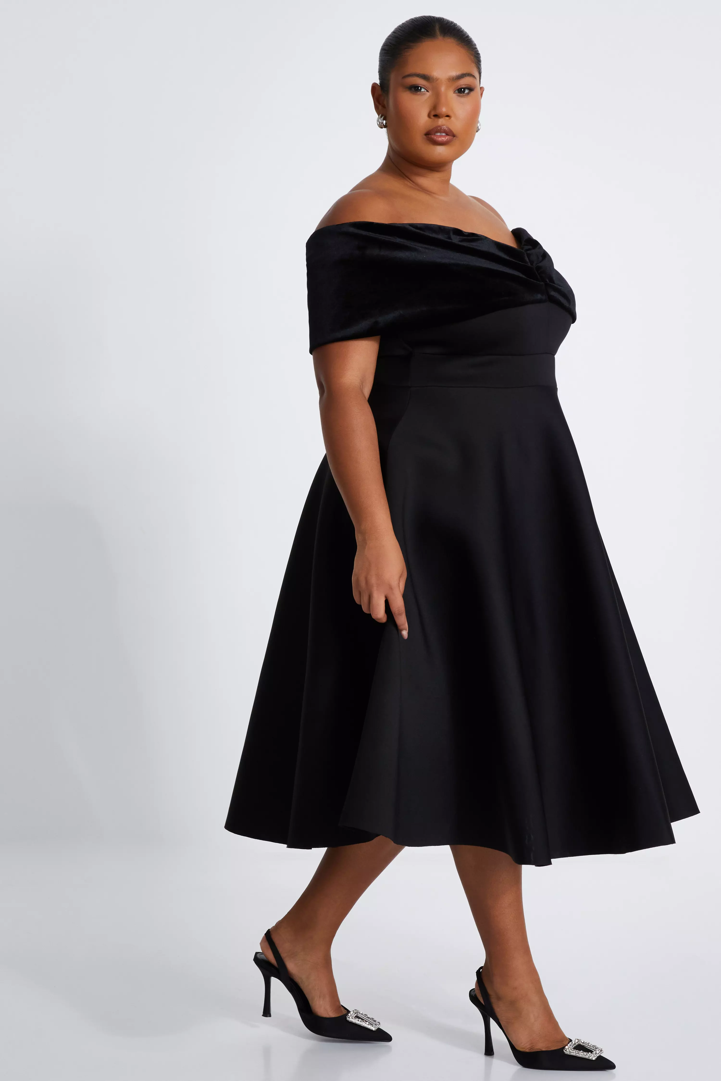 Curve Black Velvet Bardot Skater Dress