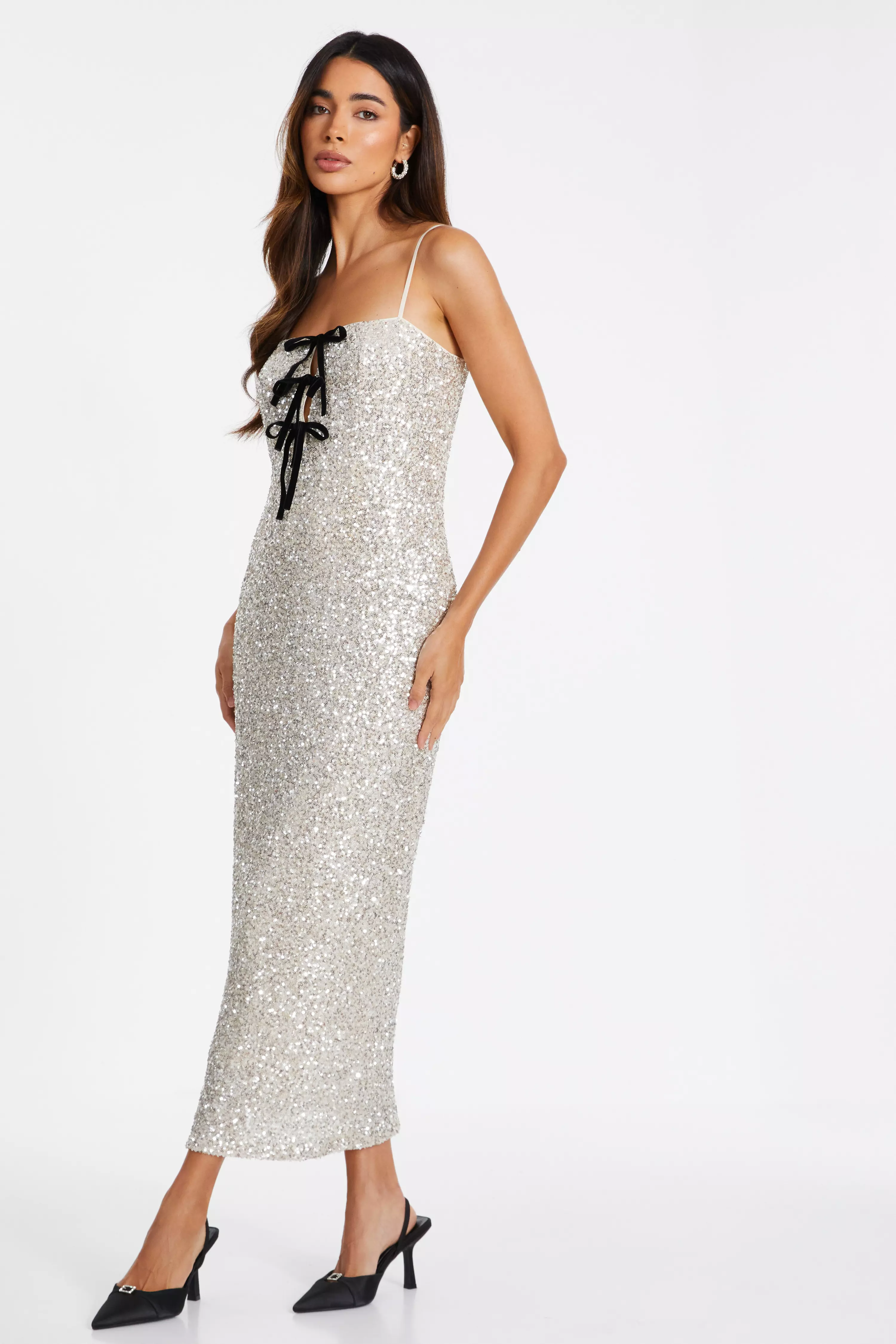 Silver Sequin Bow Front Midaxi Dress