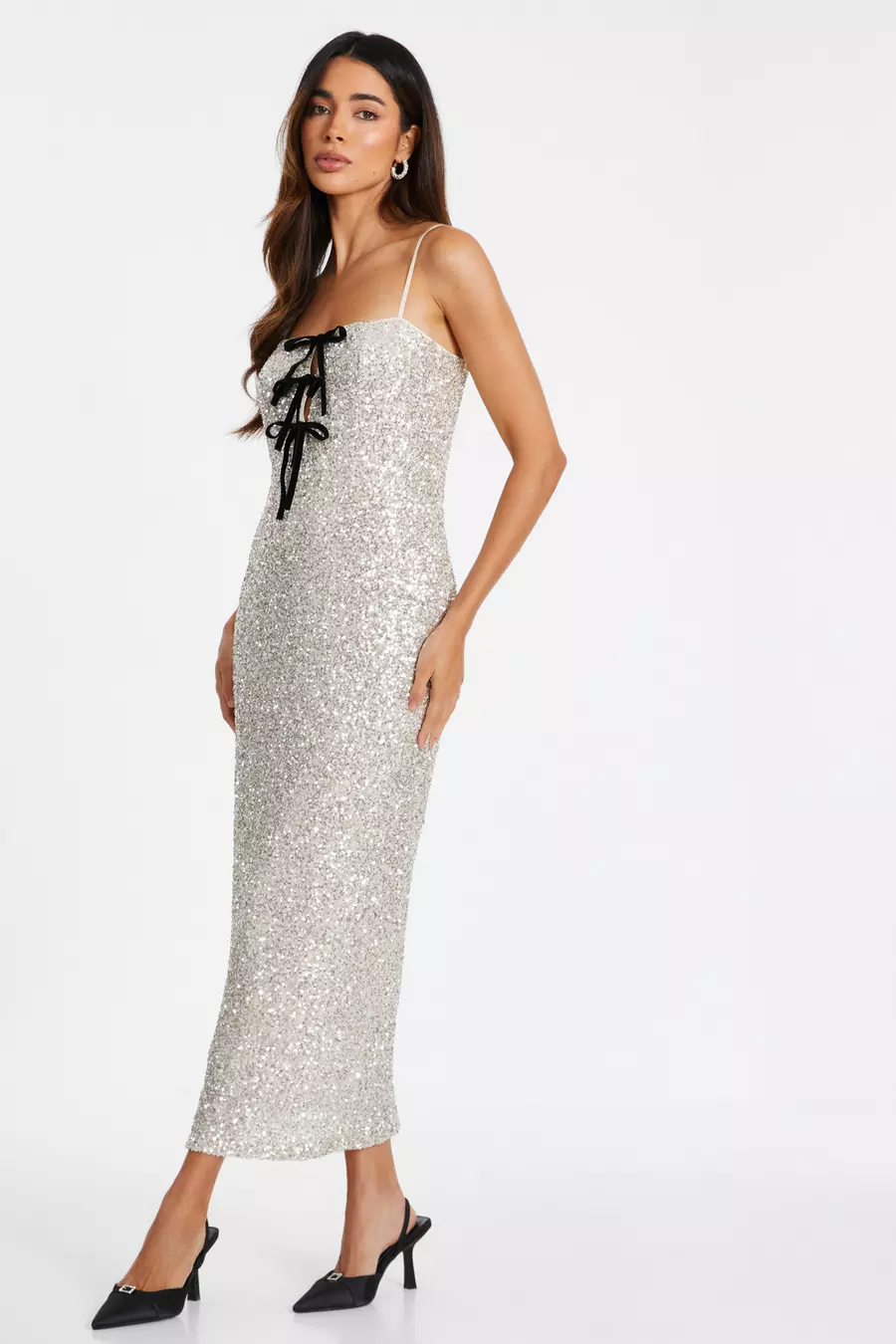 Champagne Sequin Bow Front Midaxi Dress QUIZ Clothing