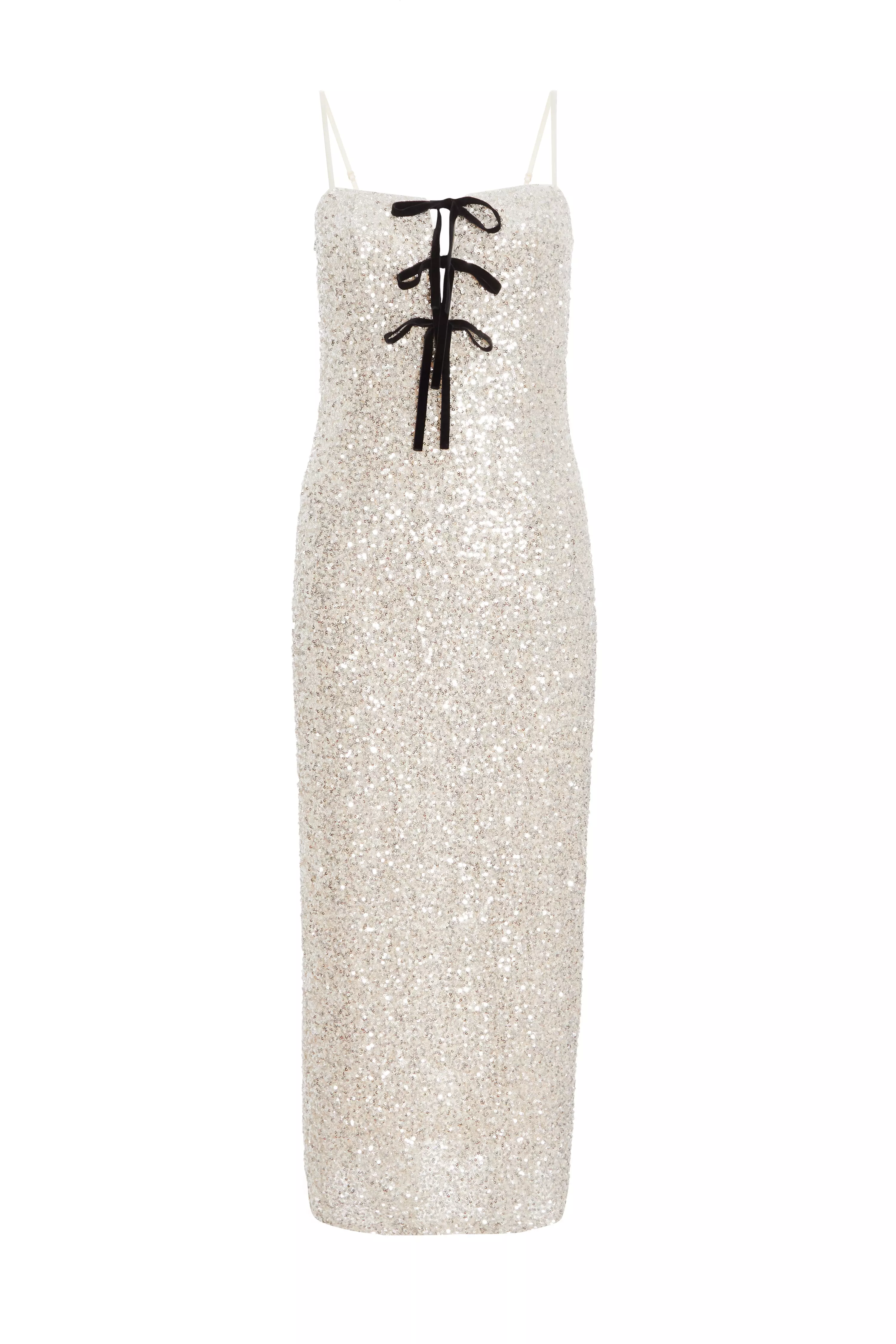 Silver Sequin Bow Front Midaxi Dress