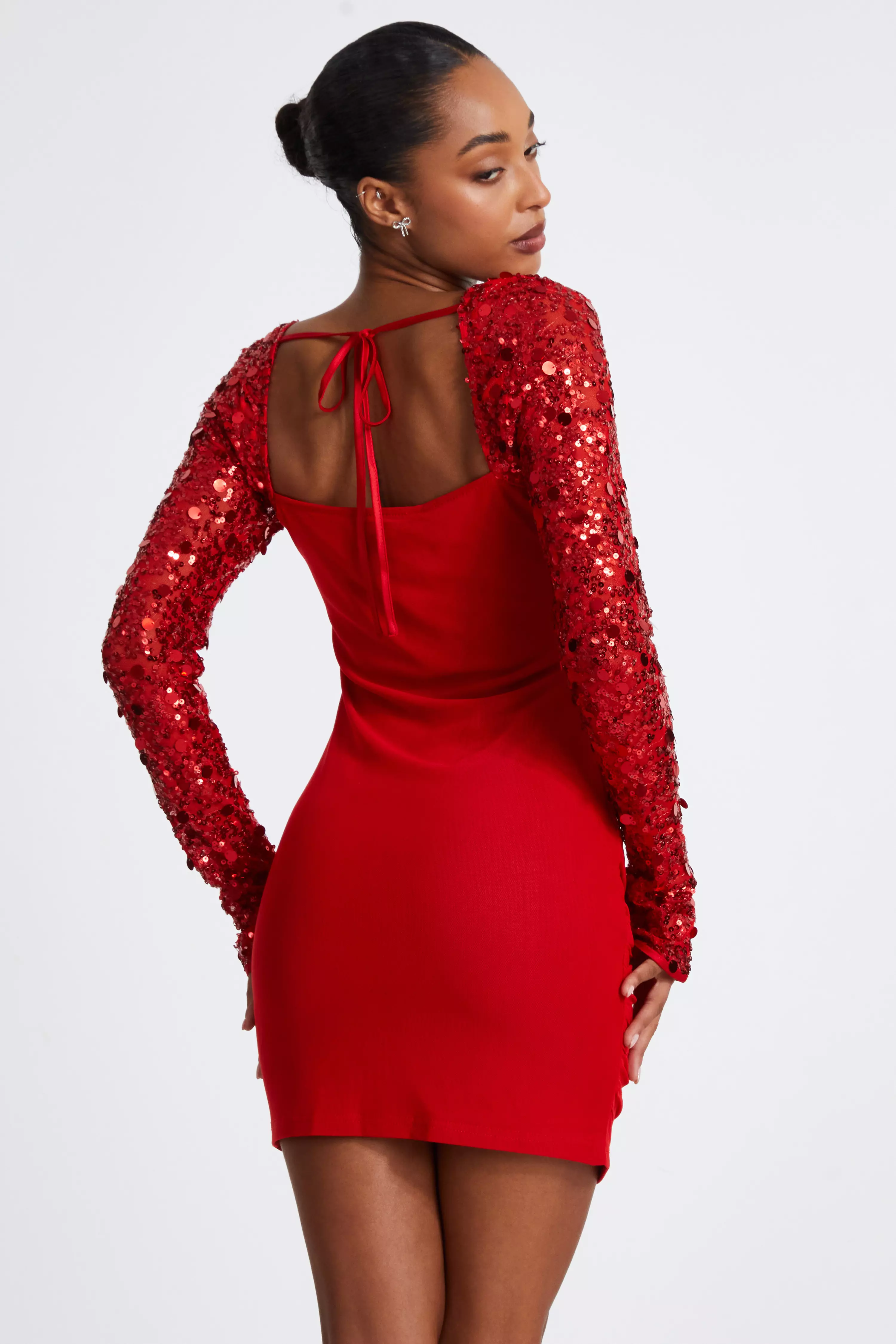 Red Mesh Embellished Sleeves Mini Dress