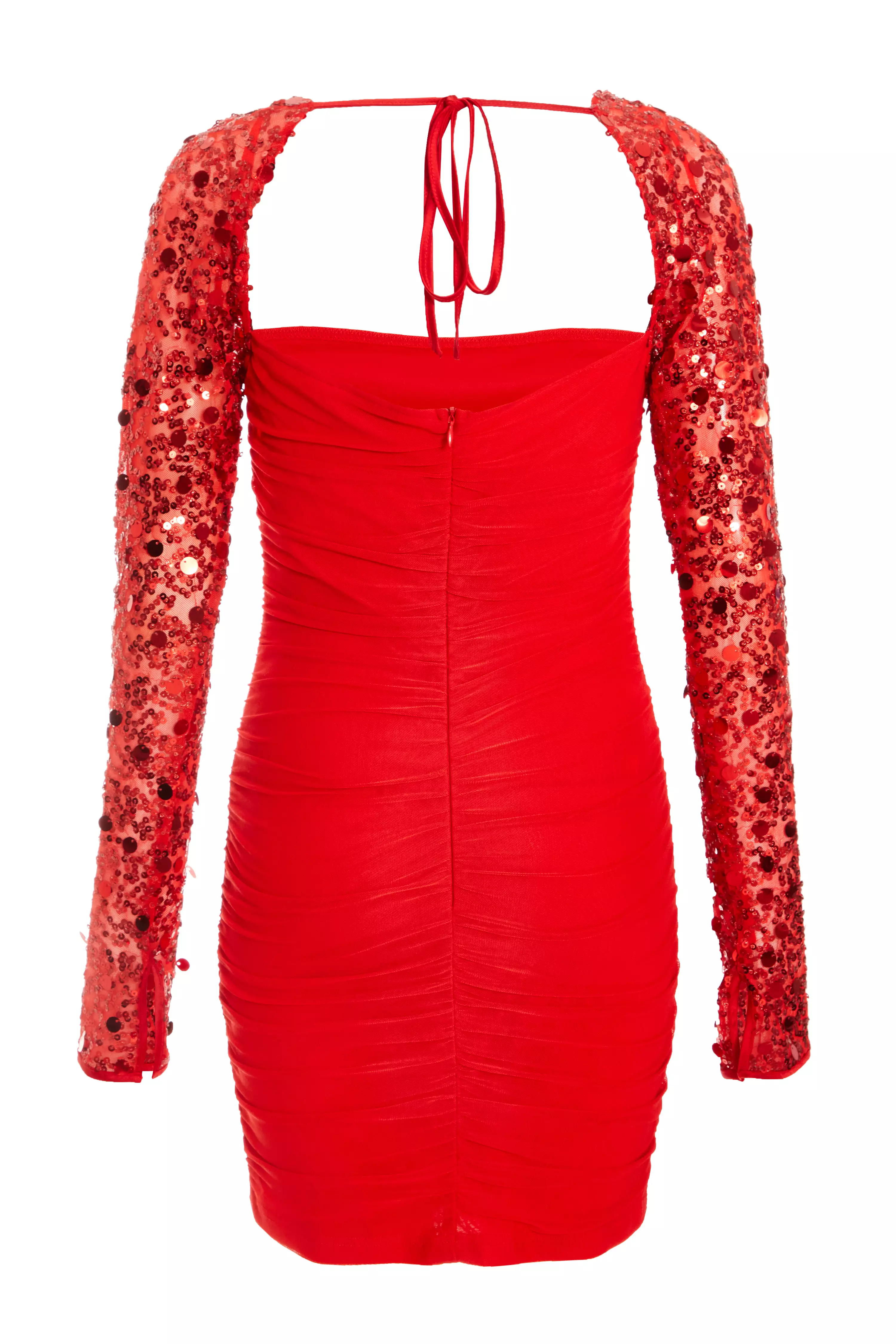 Red Mesh Embellished Sleeves Mini Dress