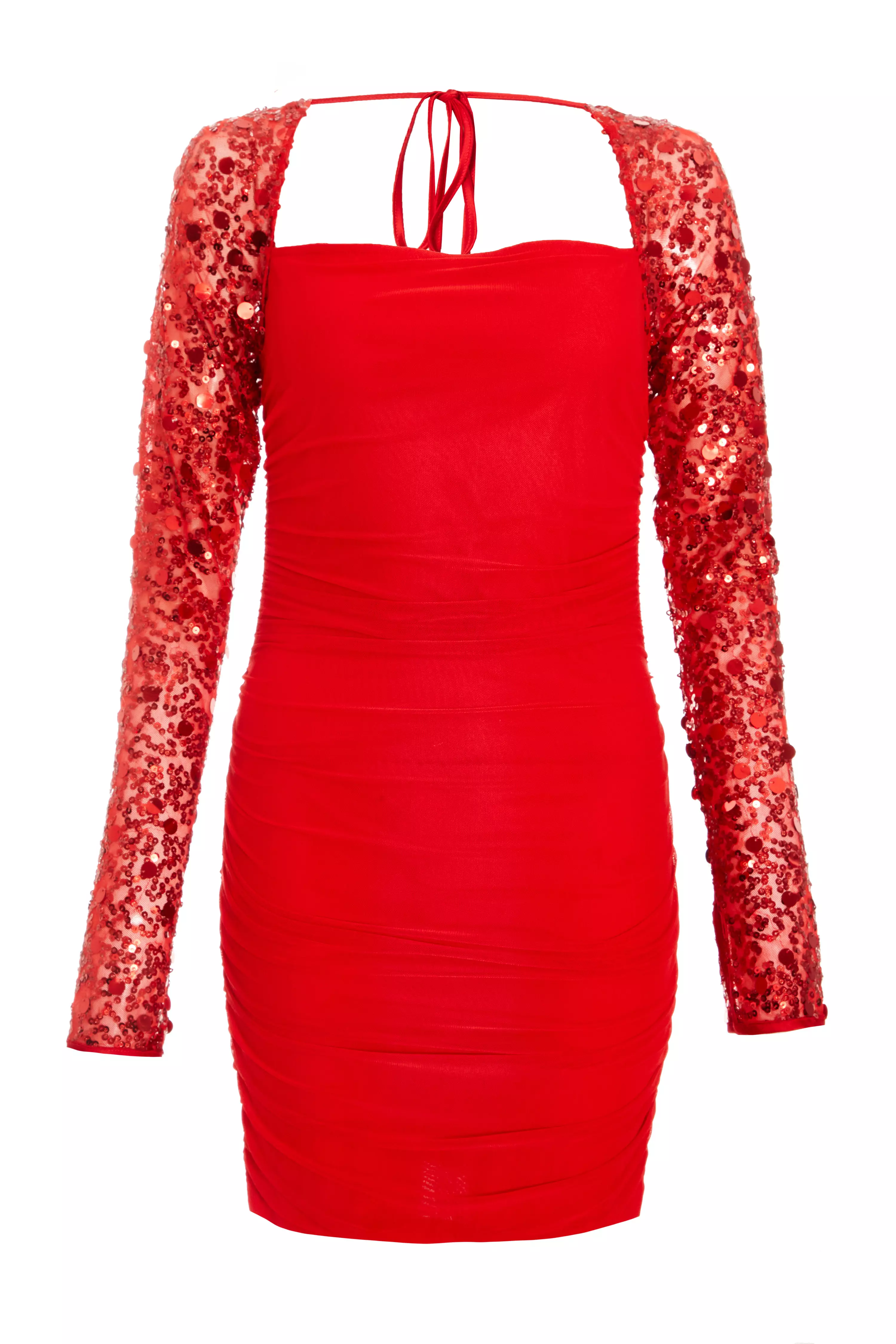 Red Mesh Embellished Sleeves Mini Dress