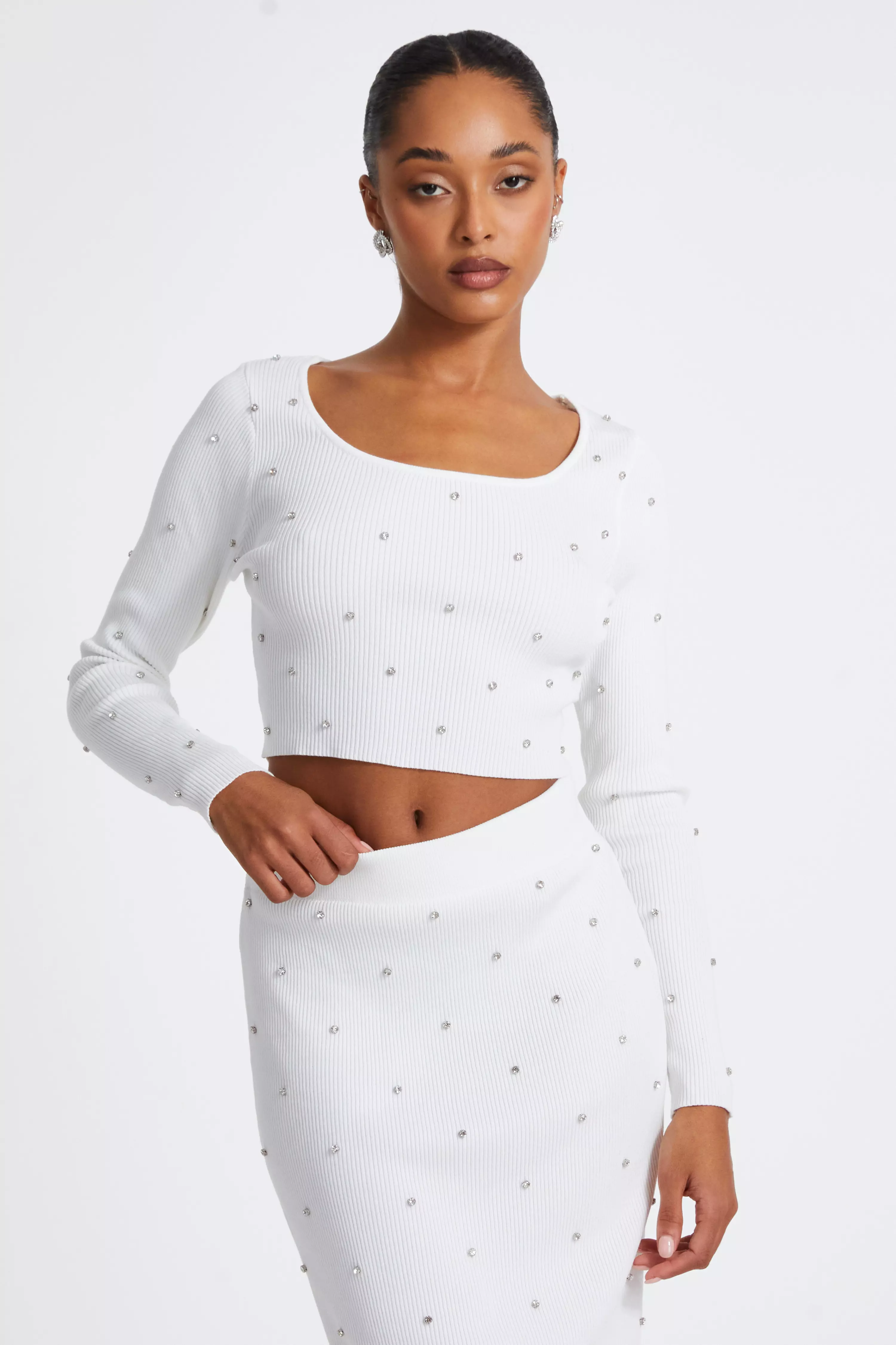 Cream Knit Diamante Cropped Jumper