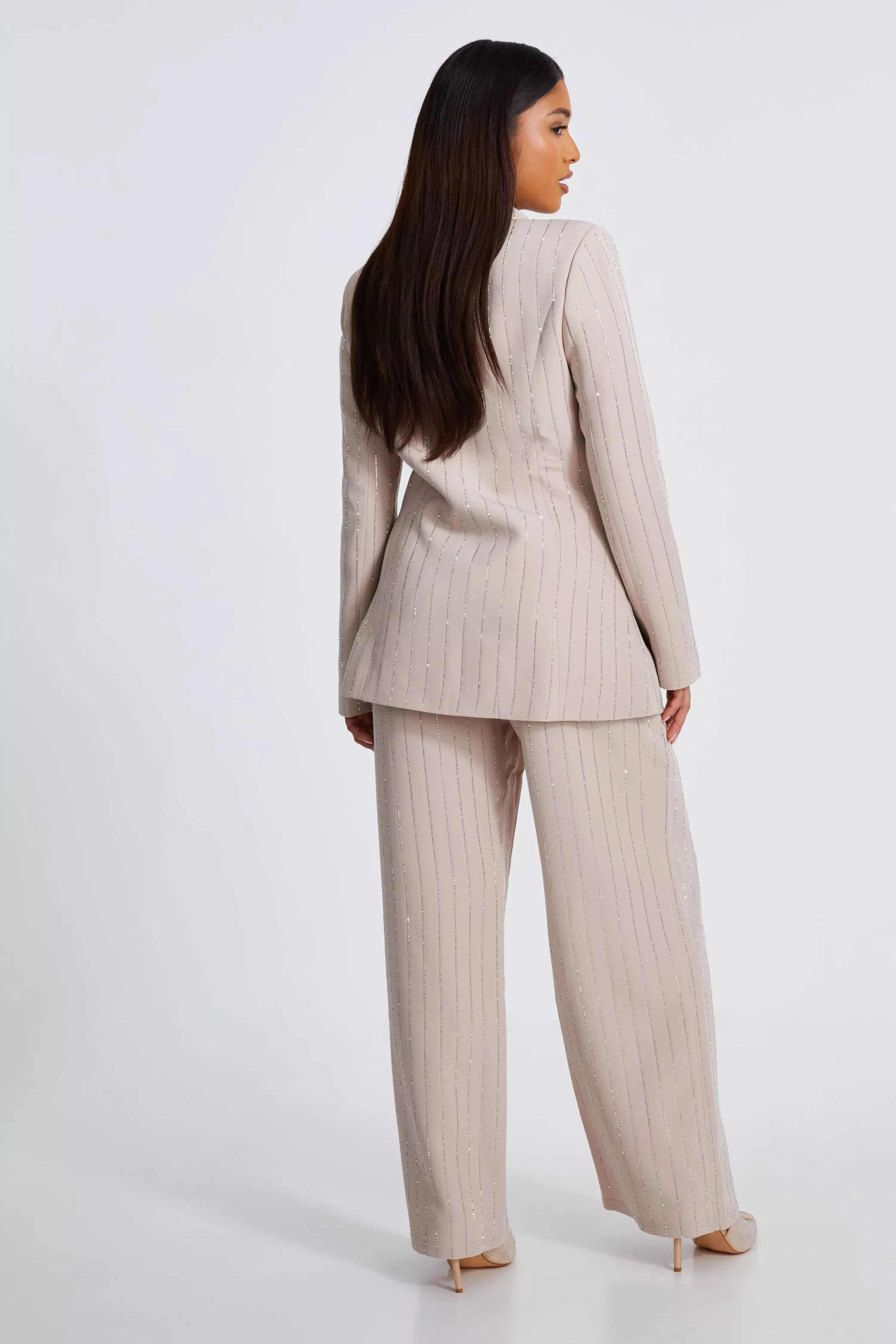 Petite Beige Diamante Pinstripe Trousers