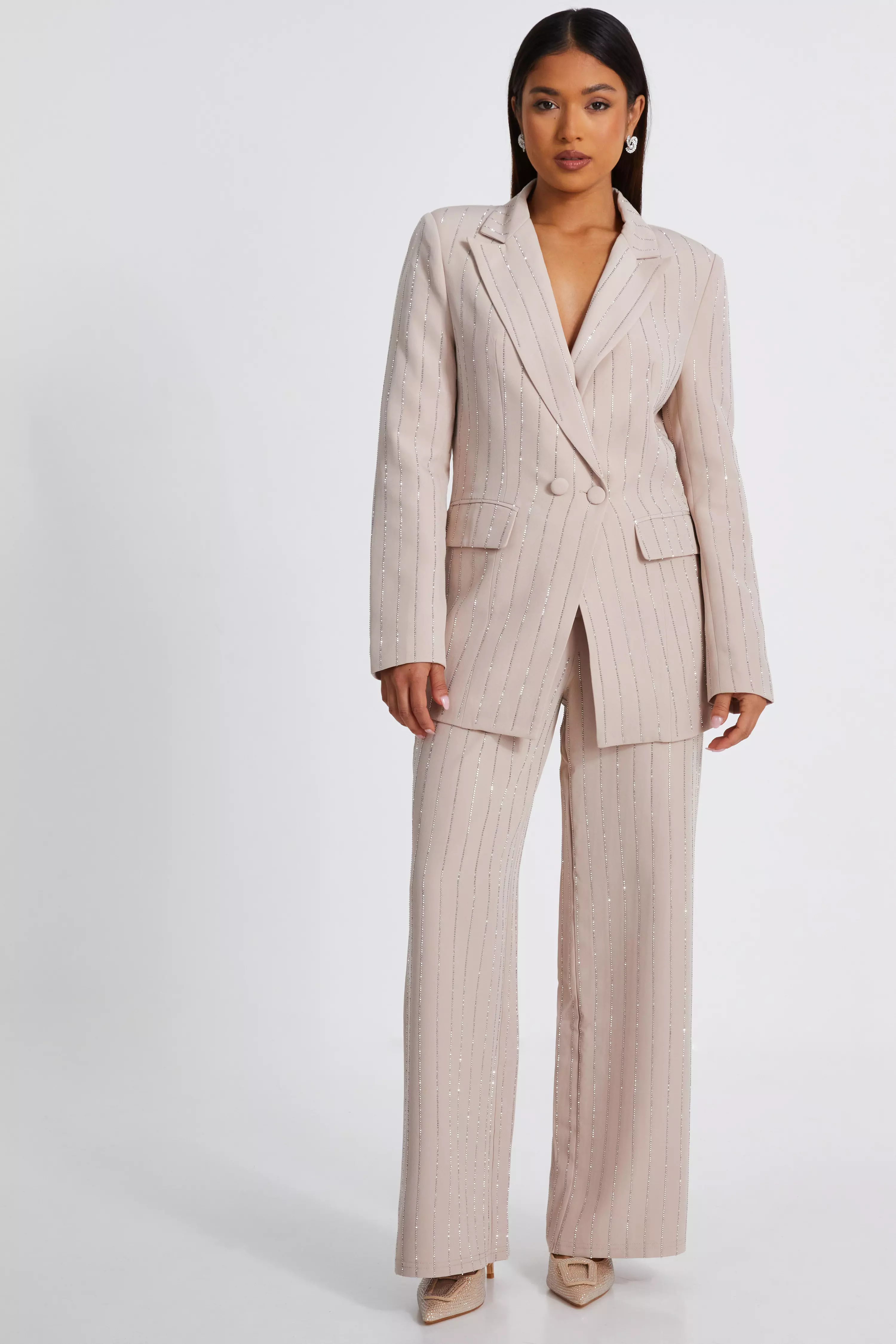 Petite Beige Diamante Pinstripe Trousers