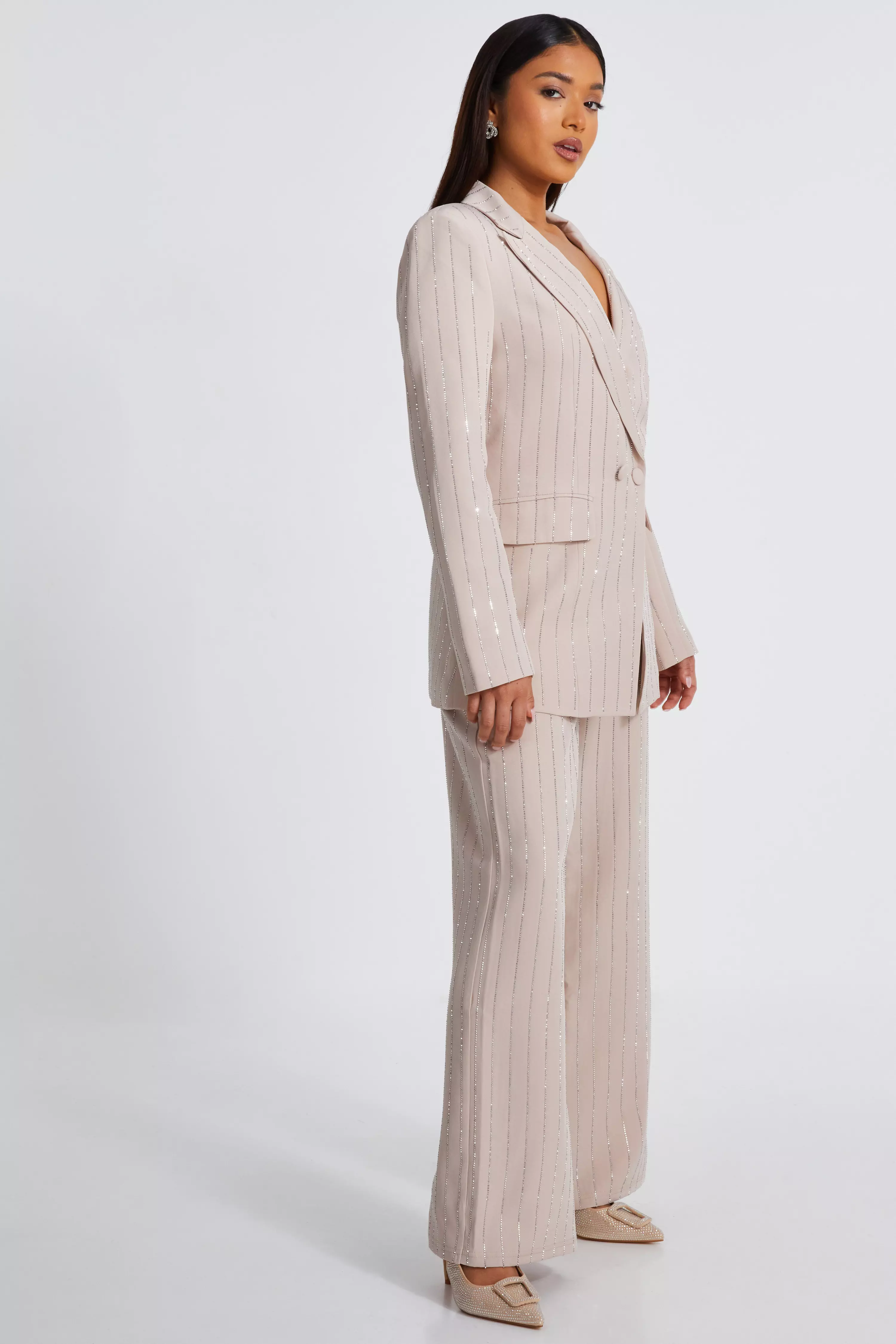 Petite Beige Diamante Pinstripe Trousers