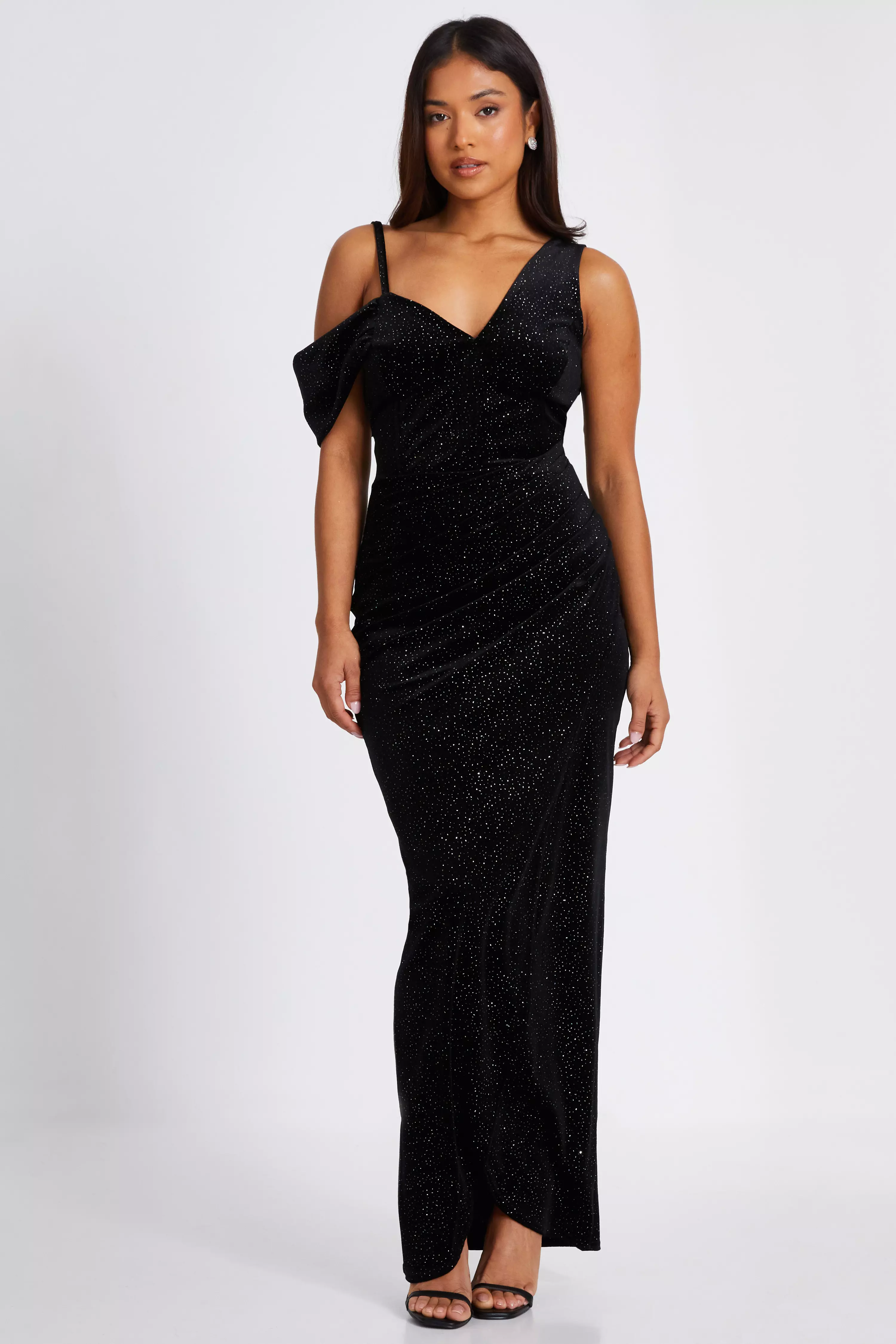 Petite Black Velvet Glitter Cold Shoulder Midi Dress