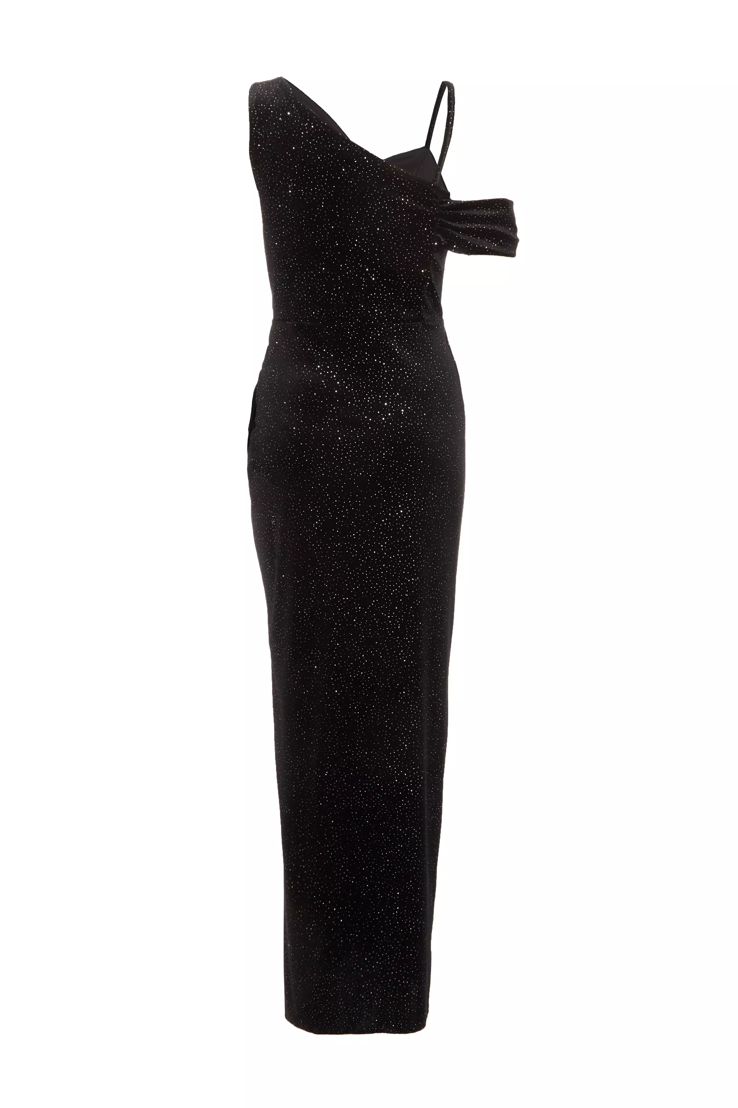 Petite Black Velvet Glitter Cold Shoulder Midi Dress