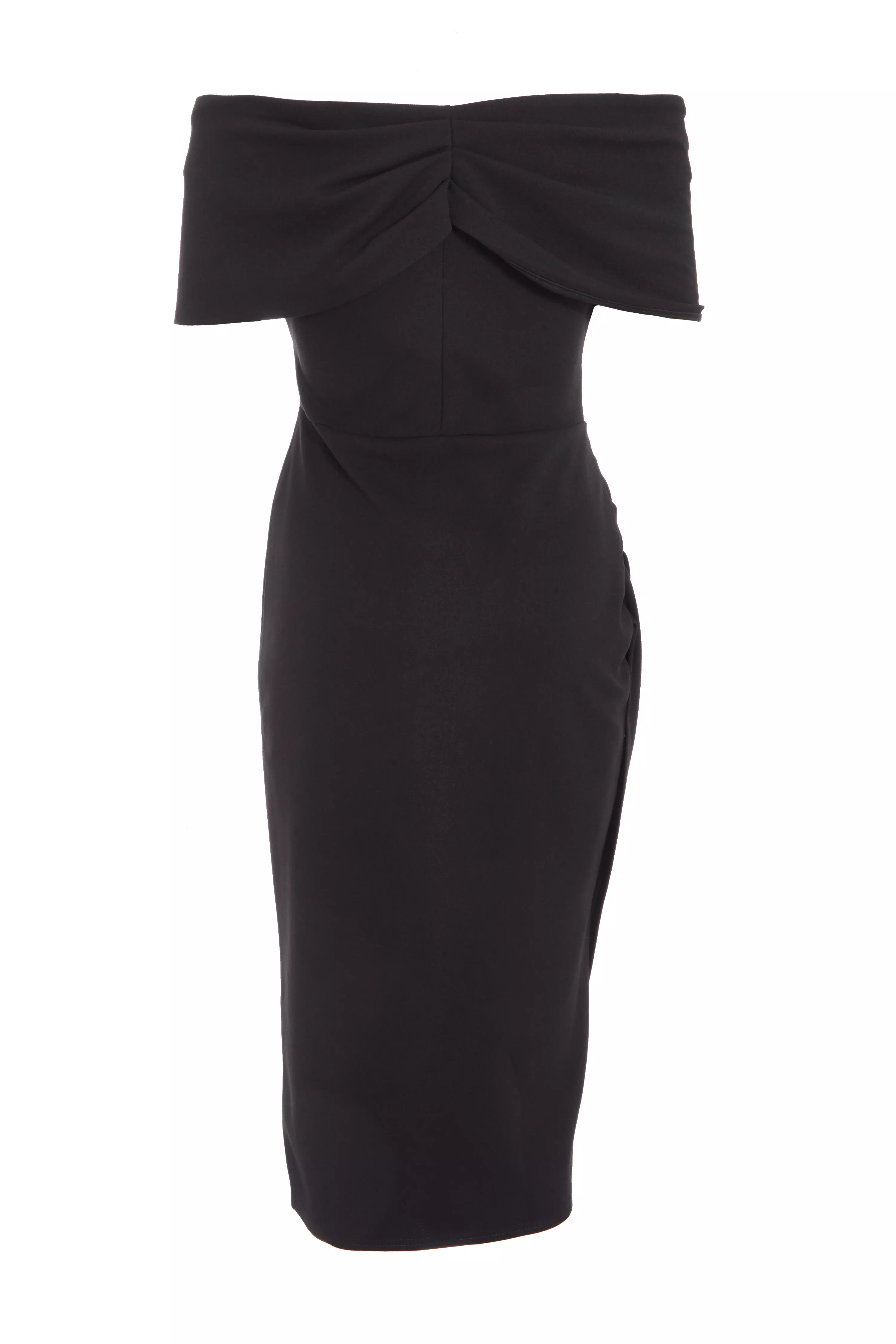 Black Bardot Ruched Wrap Midi Dress