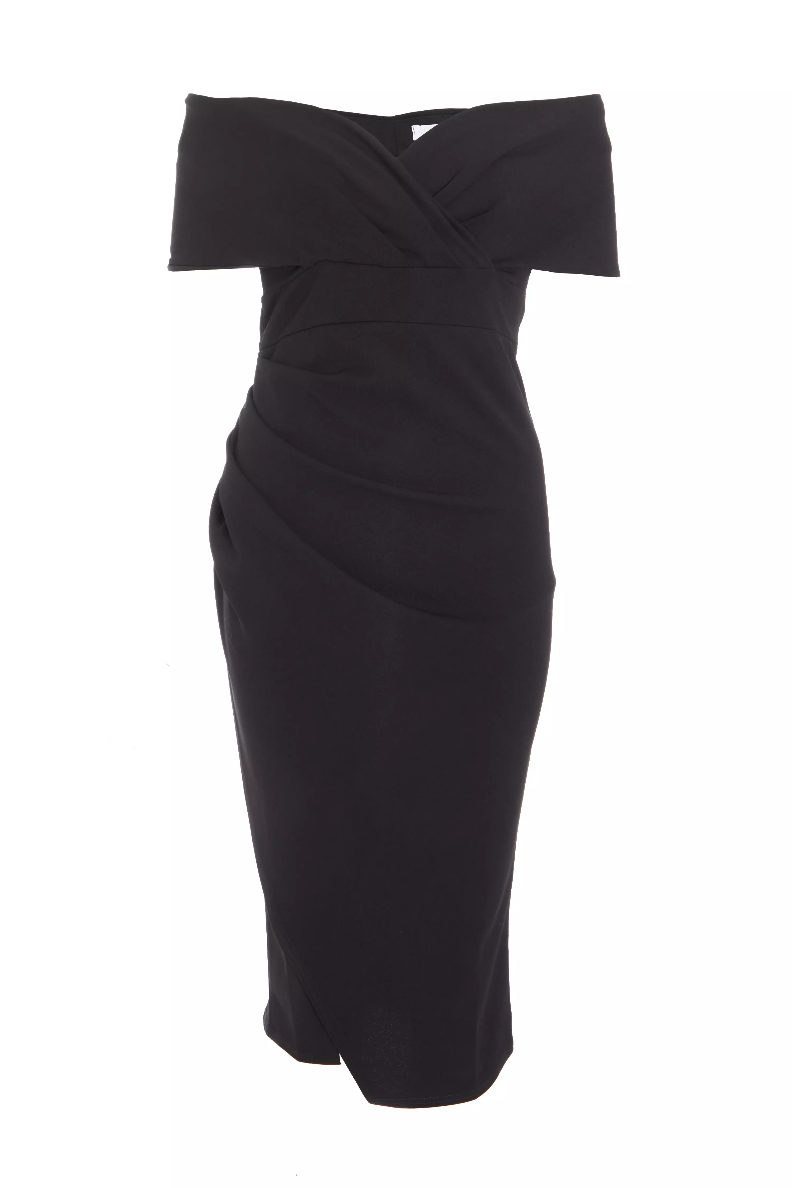 Black Bardot Ruched Wrap Midi Dress