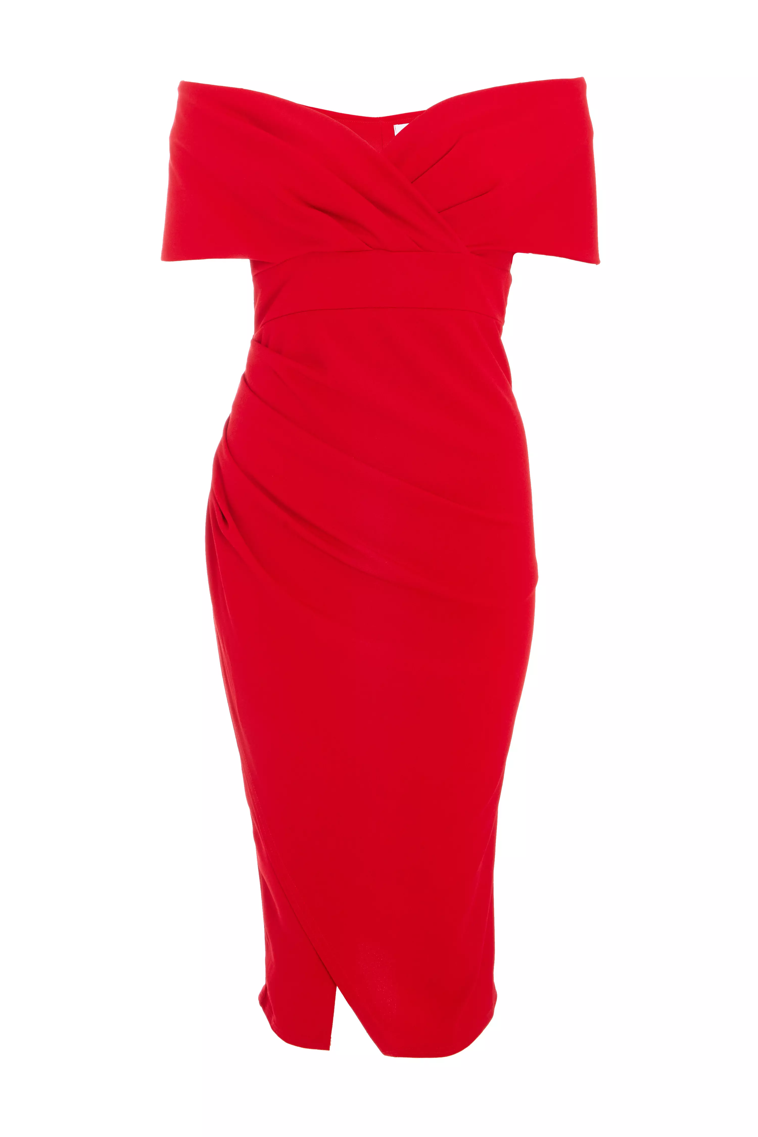 Red Bardot Ruched Wrap Midi Dress