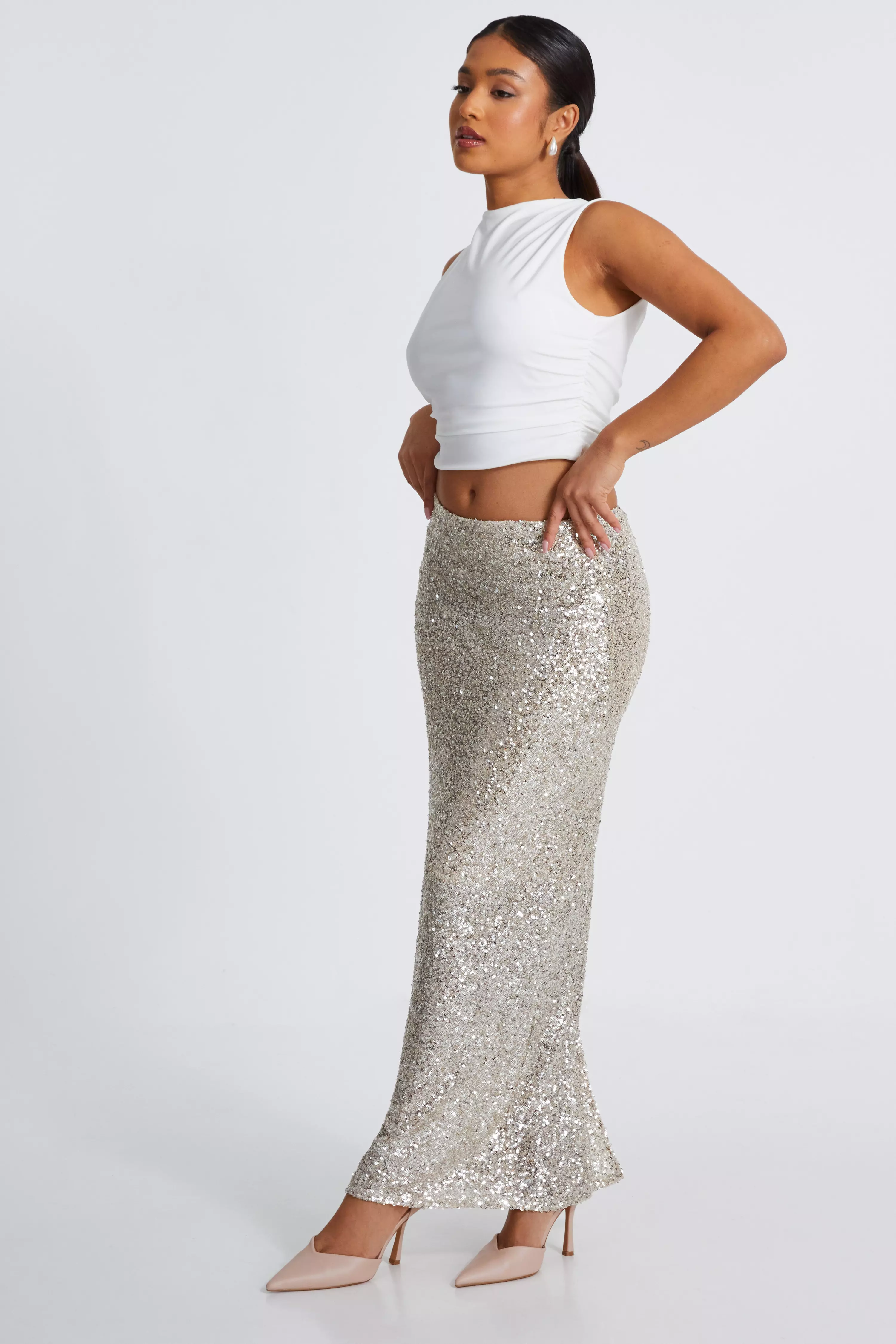 Petite Champagne Sequin Maxi Skirt