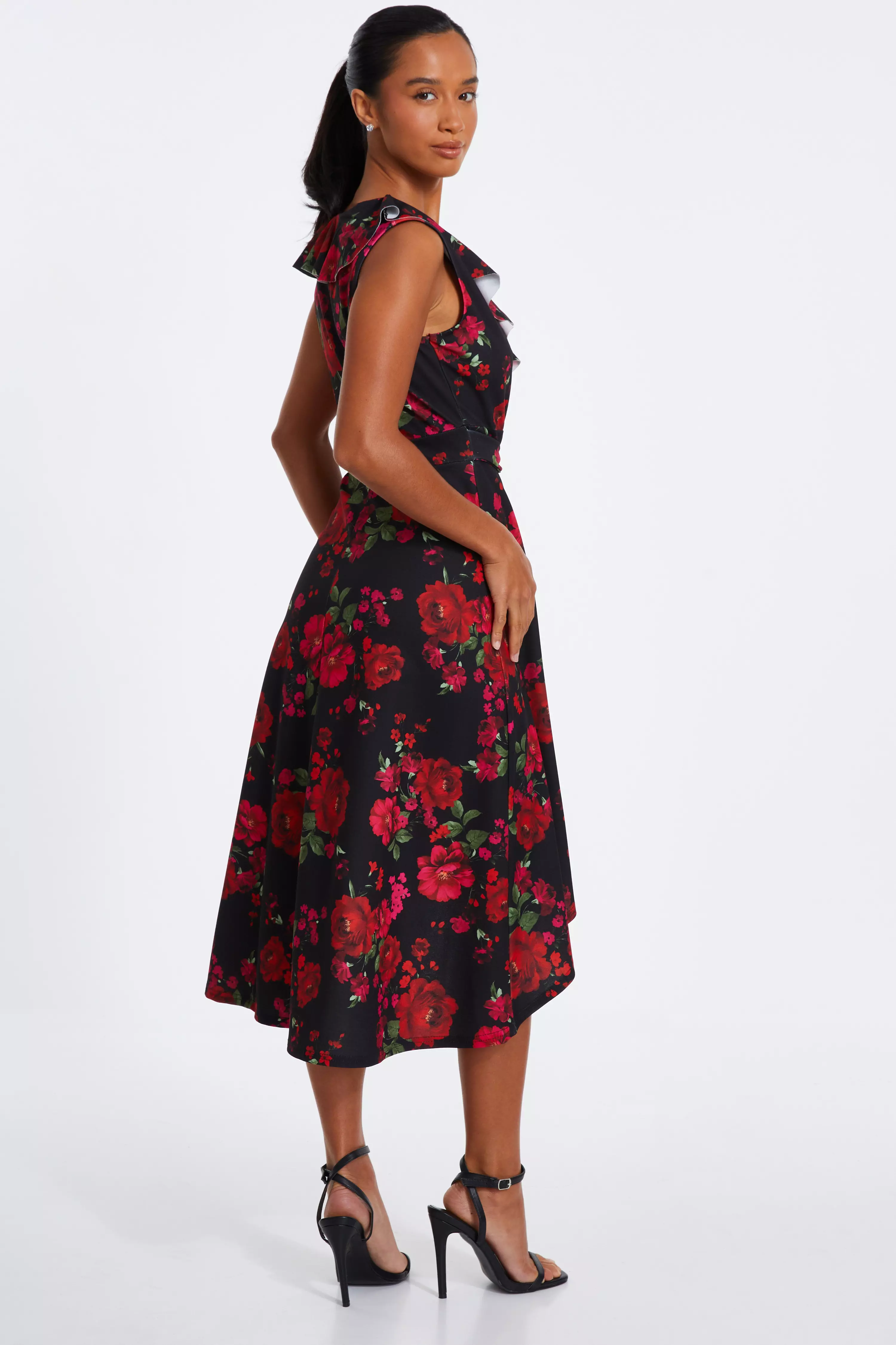 Petite Black Floral Dip Hem Midi Dress