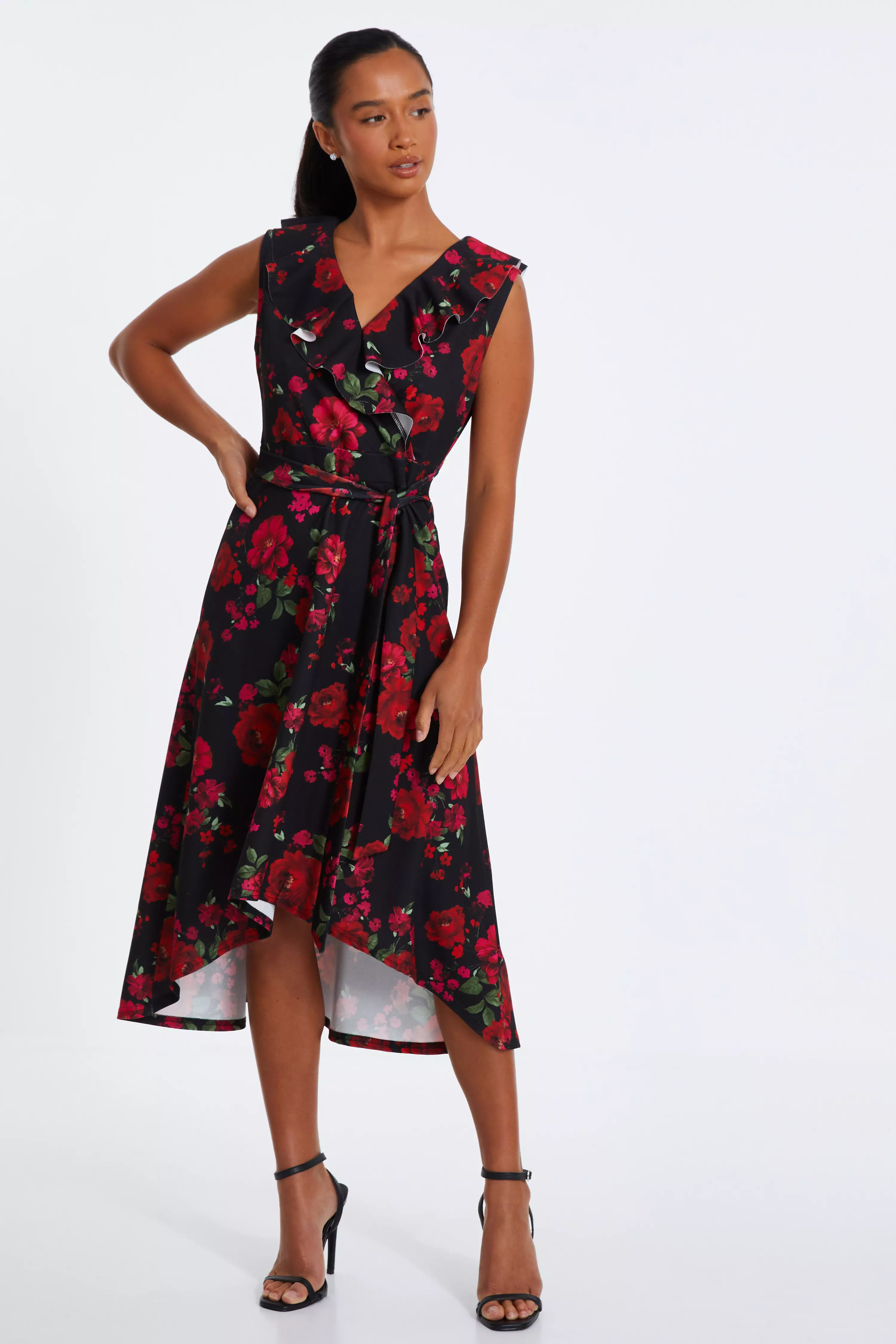 Petite Black Floral Dip Hem Midi Dress