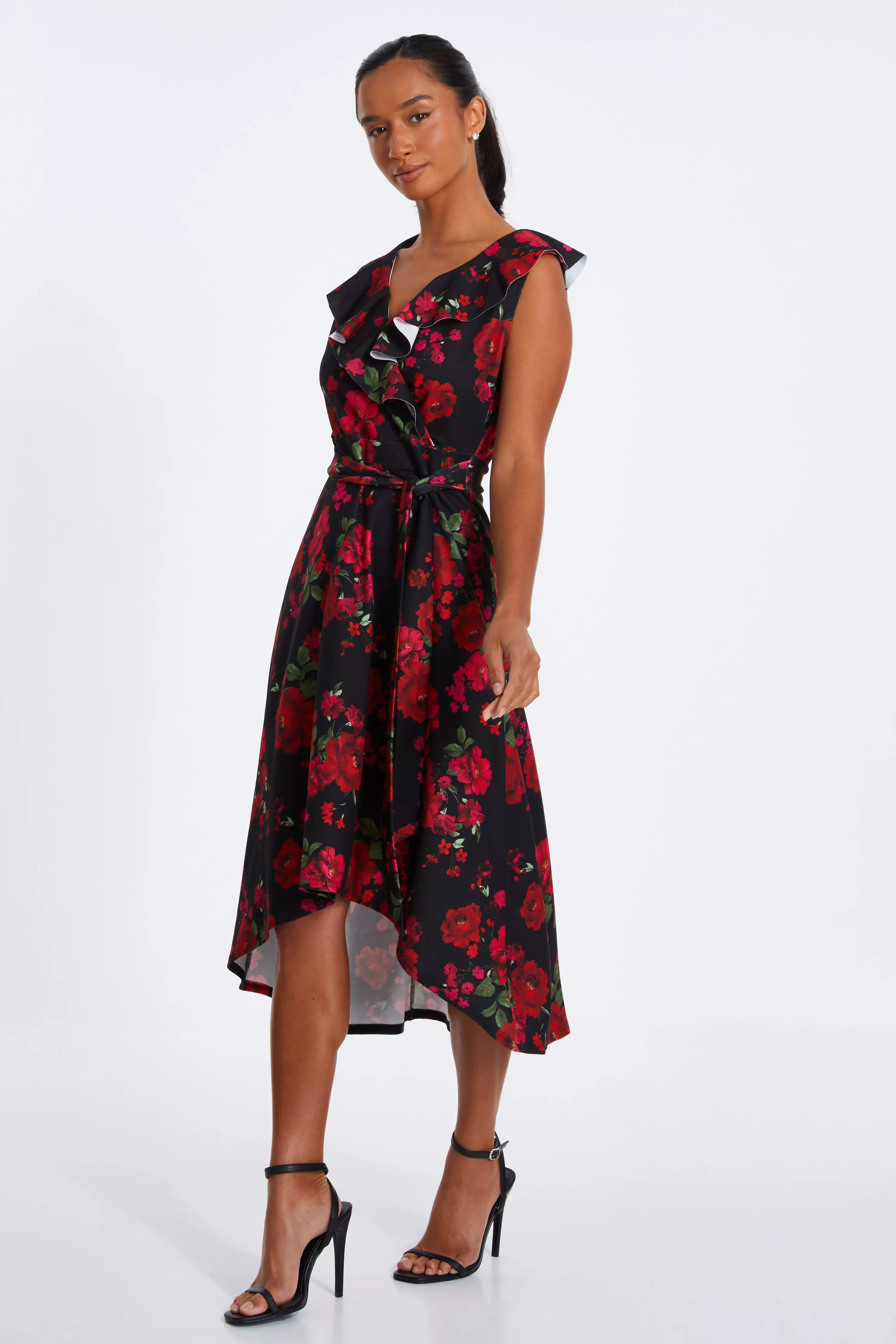 Petite Black Floral Dip Hem Midi Dress