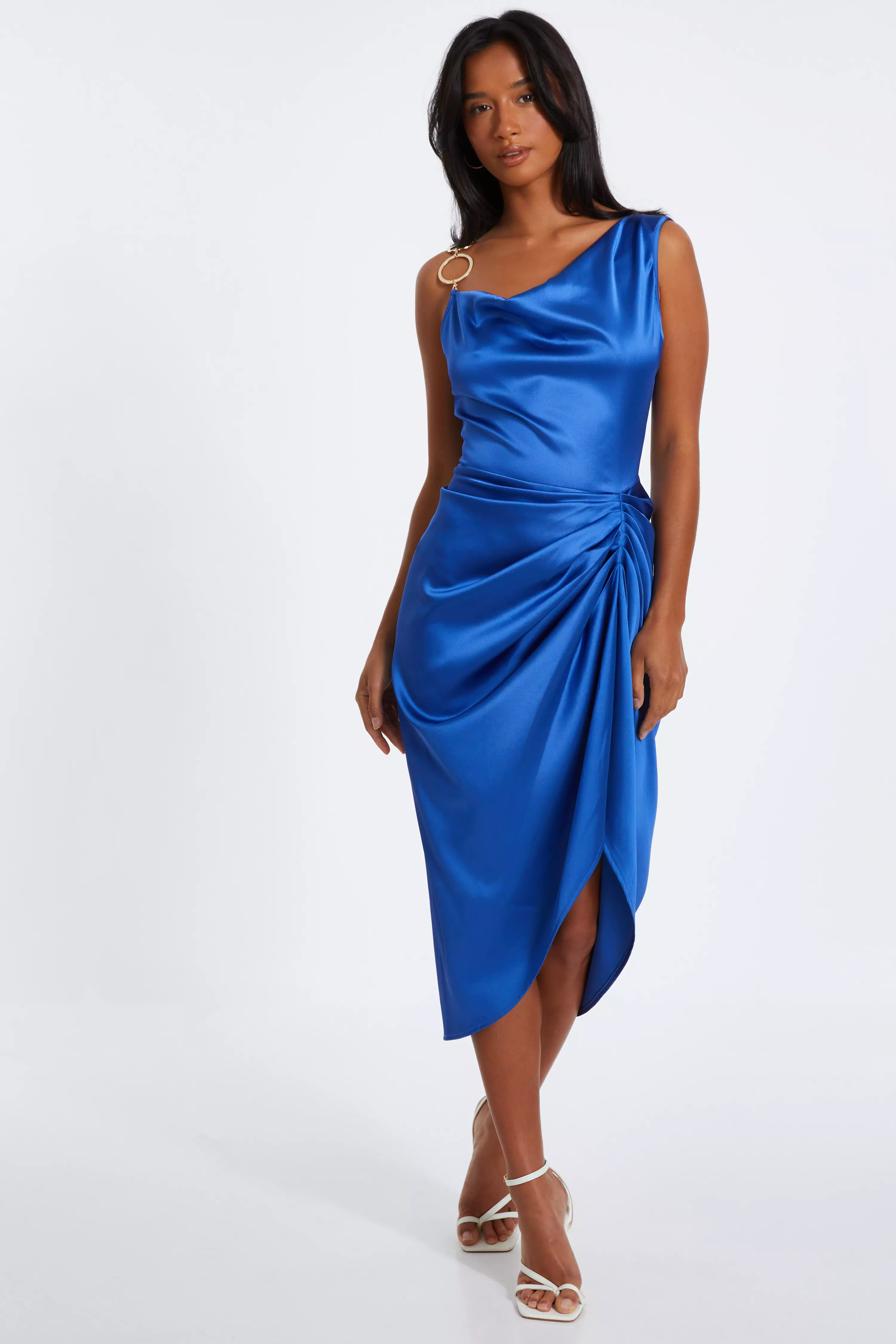 Indigo Satin Ruched Midi Dress