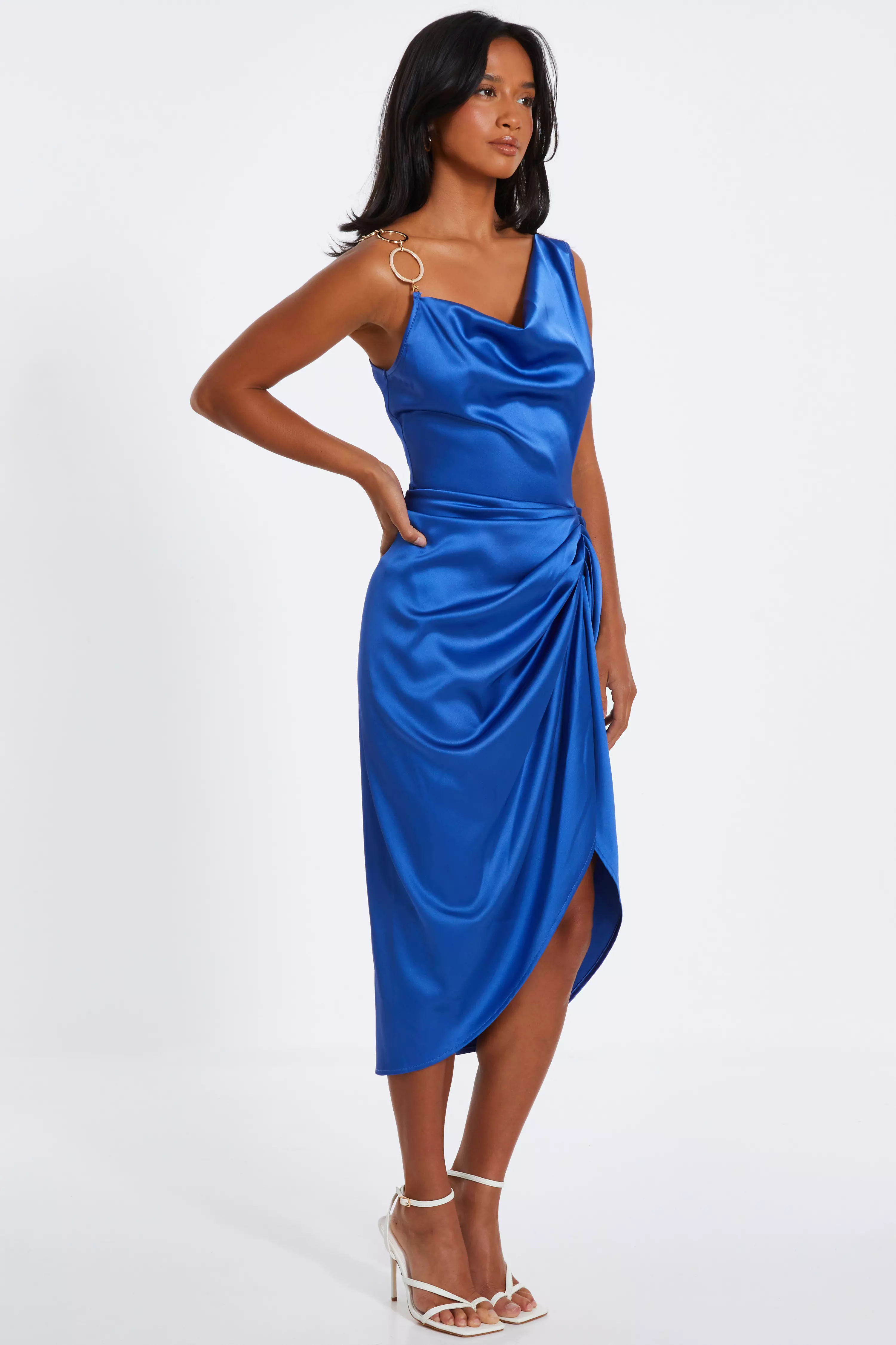 Indigo Satin Ruched Midi Dress