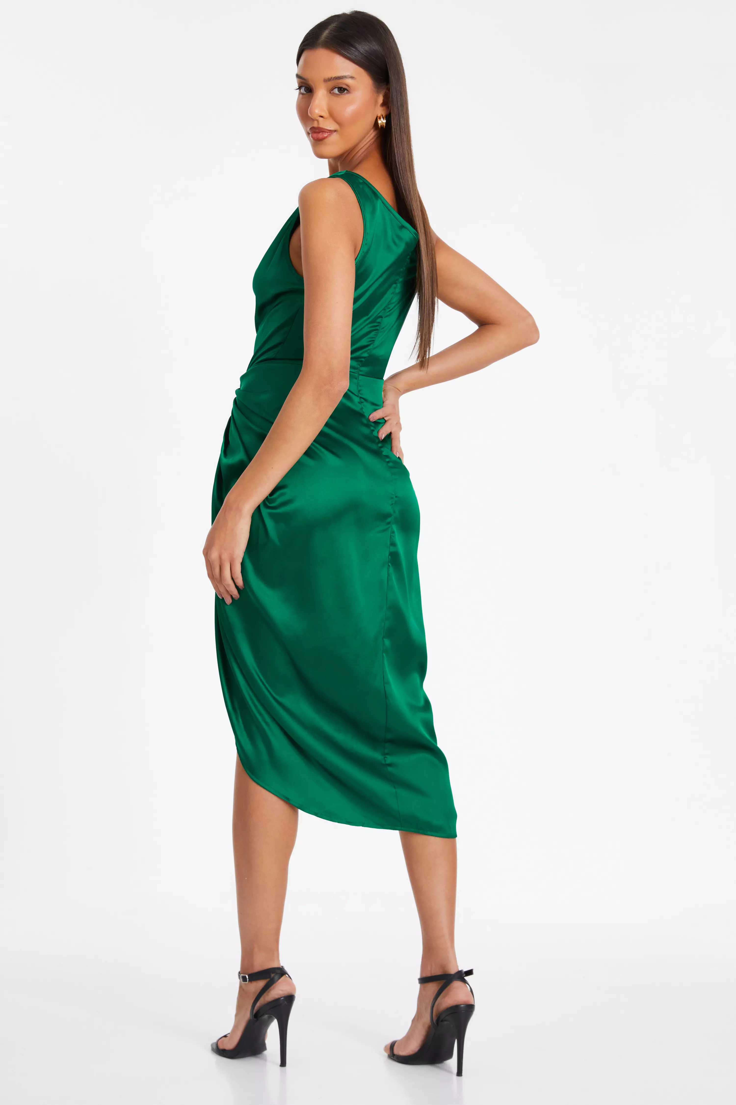 Emerald Green Satin Midi Dress