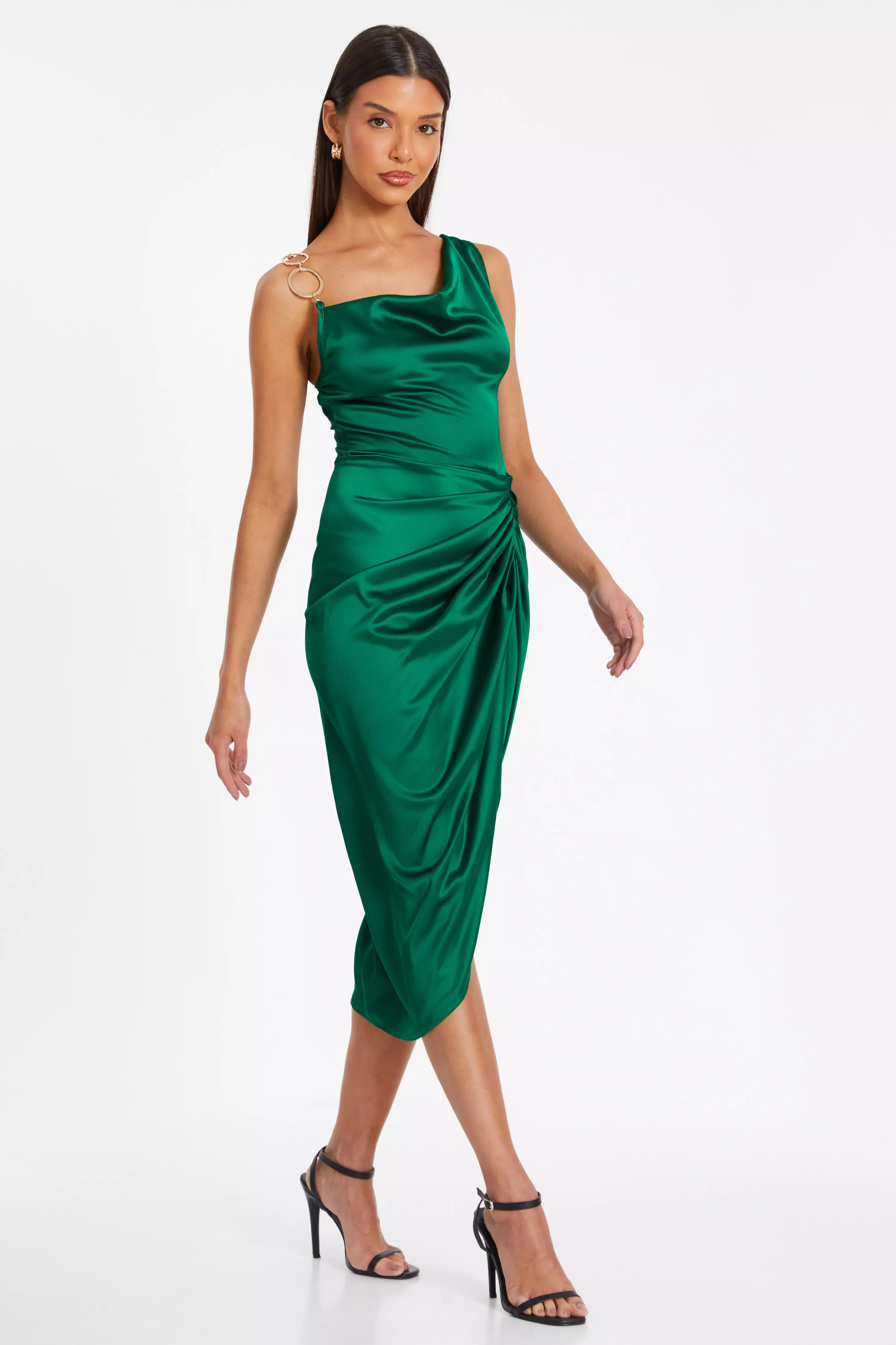 Emerald Green Satin Midi Dress