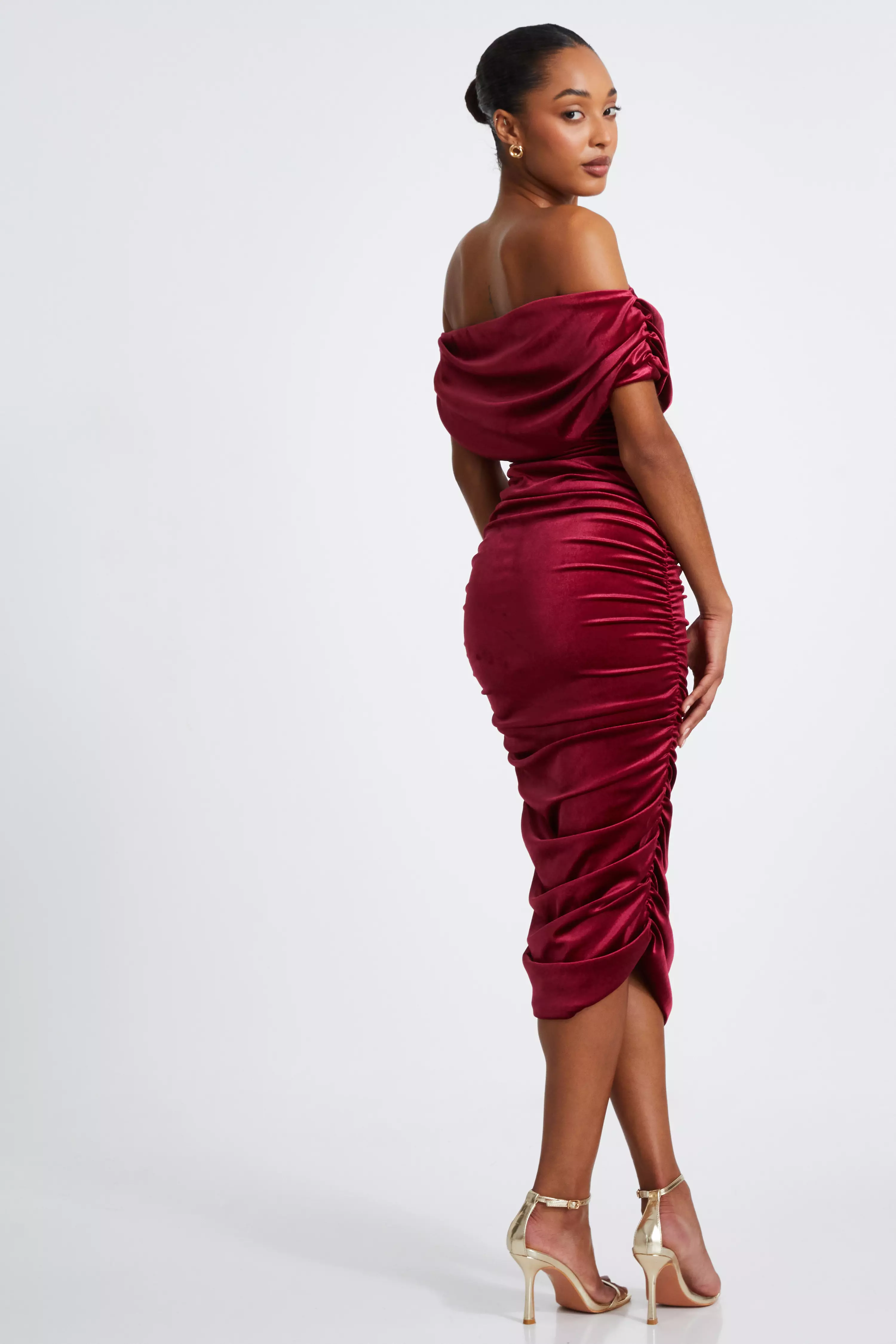 Dark Red Velvet Ruched Midi Dress