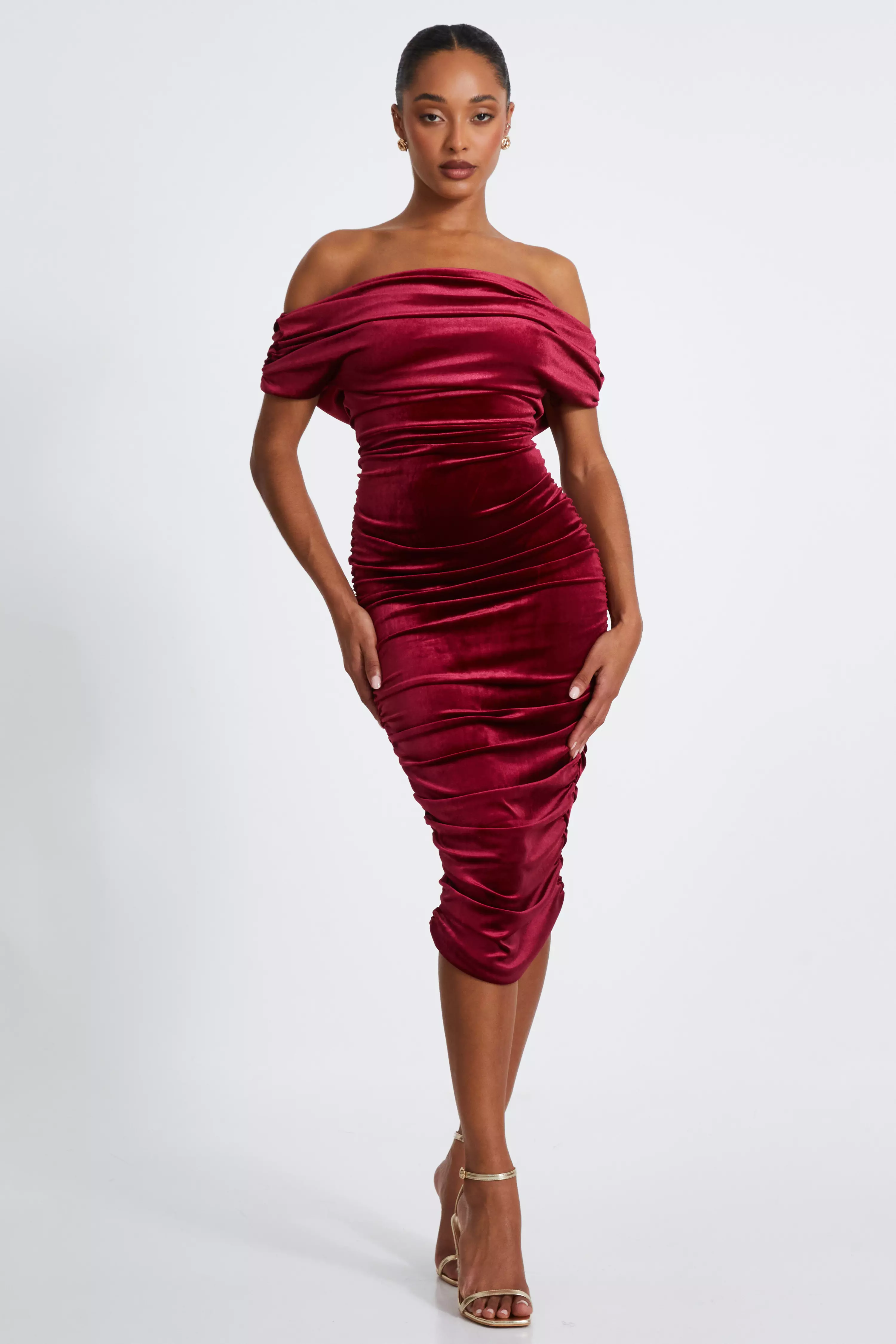 Dark Red Velvet Ruched Midi Dress