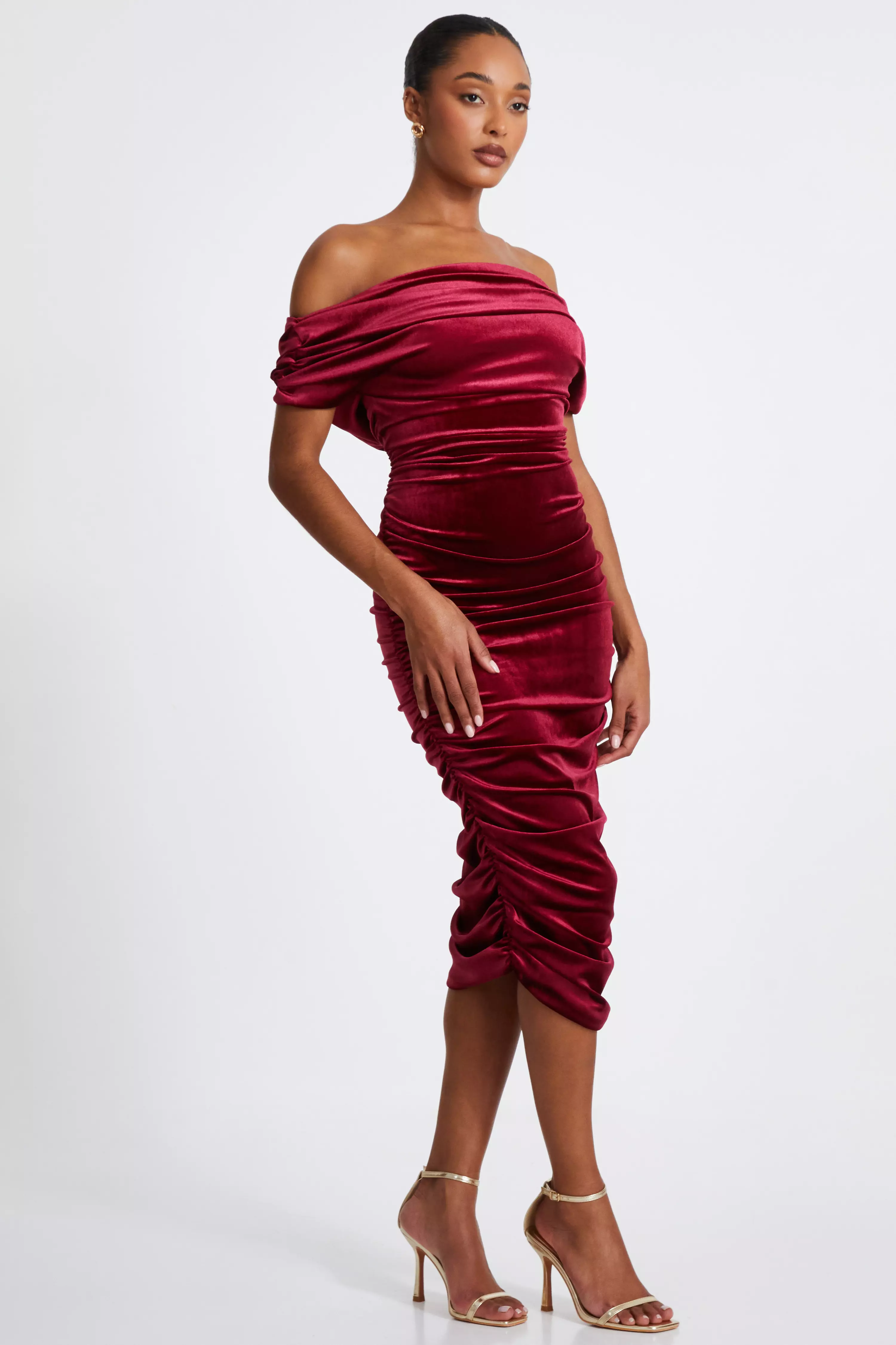 Dark Red Velvet Ruched Midi Dress