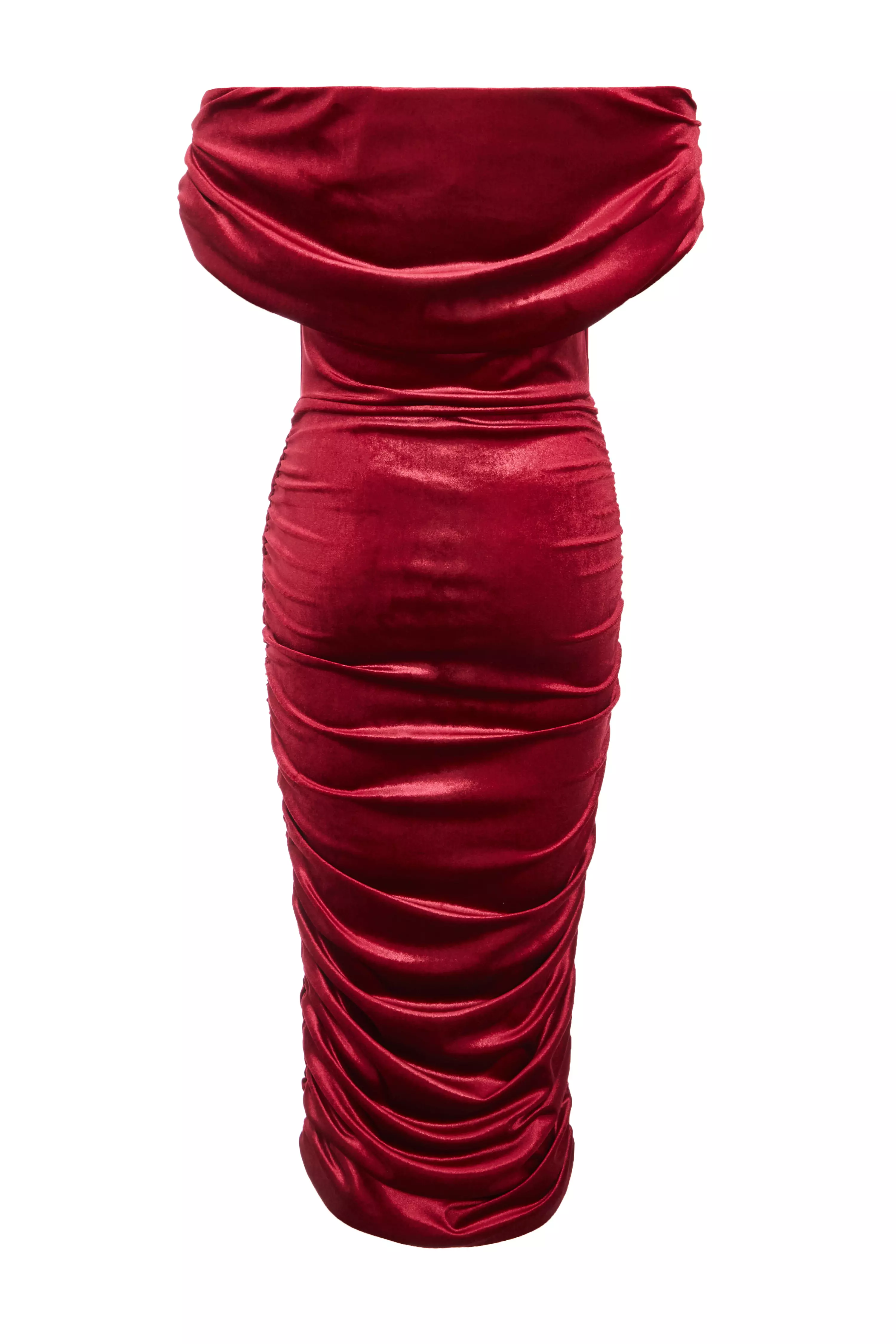 Dark Red Velvet Ruched Midi Dress