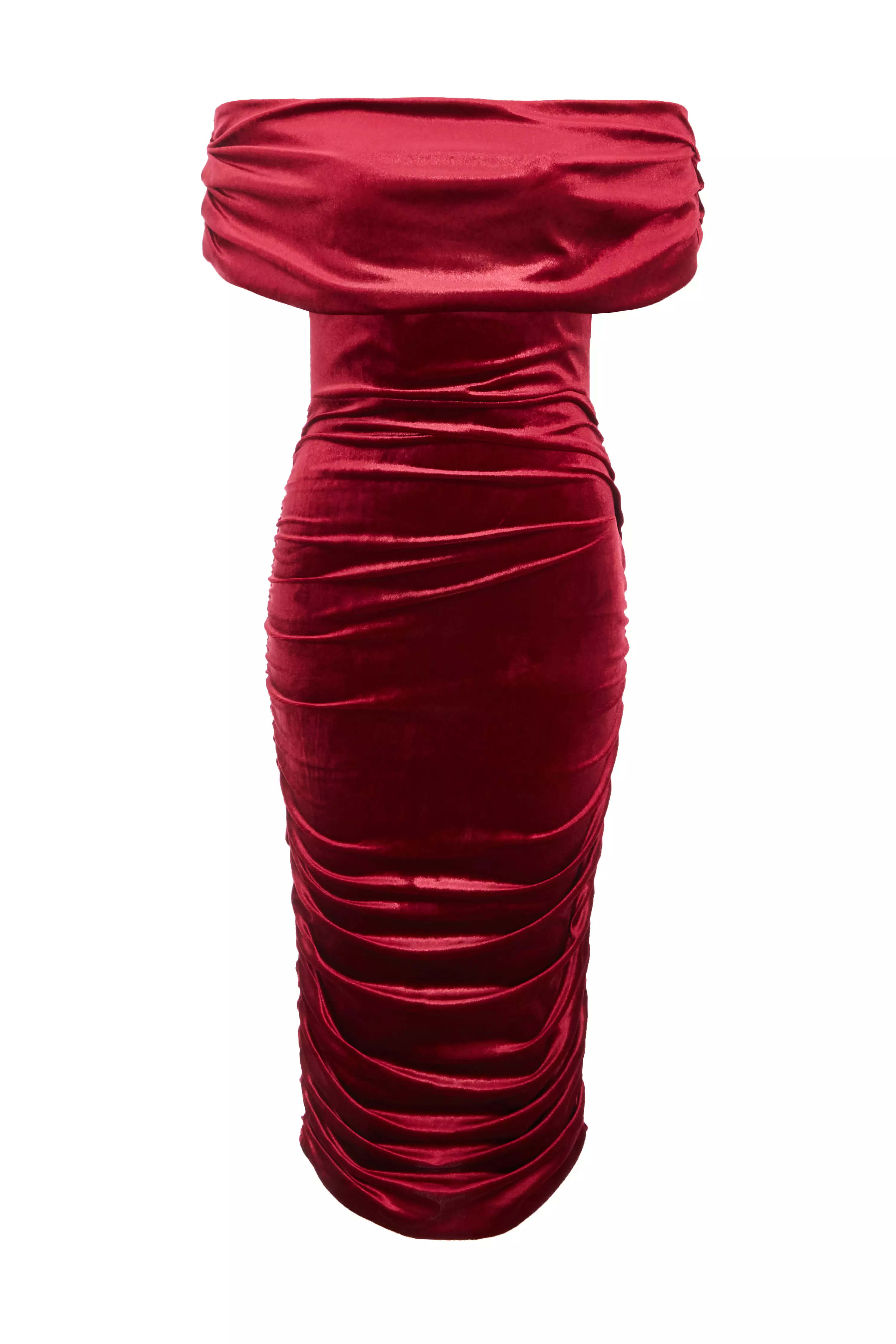 Dark Red Velvet Ruched Midi Dress