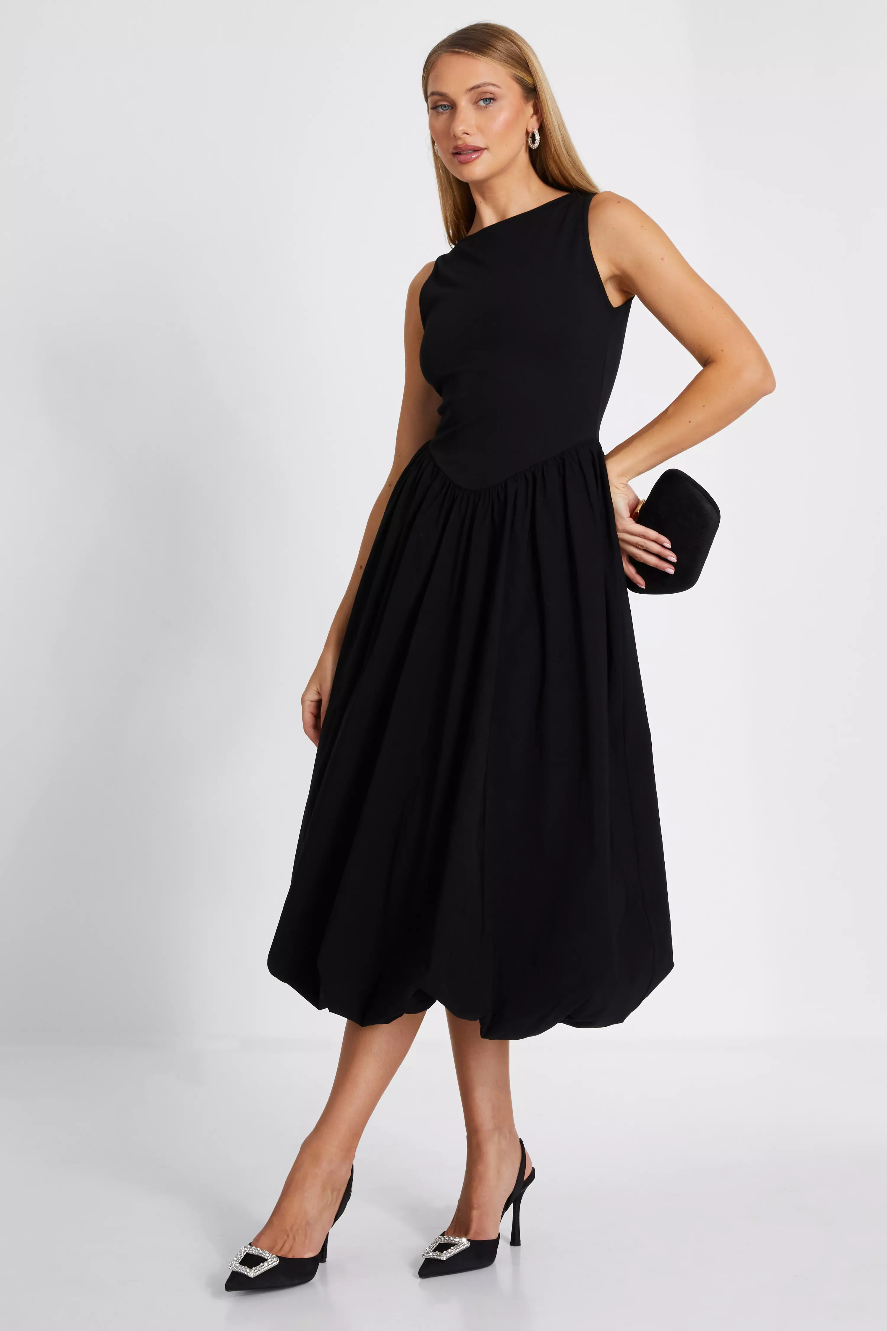 Black Puff Ball Midi Dress