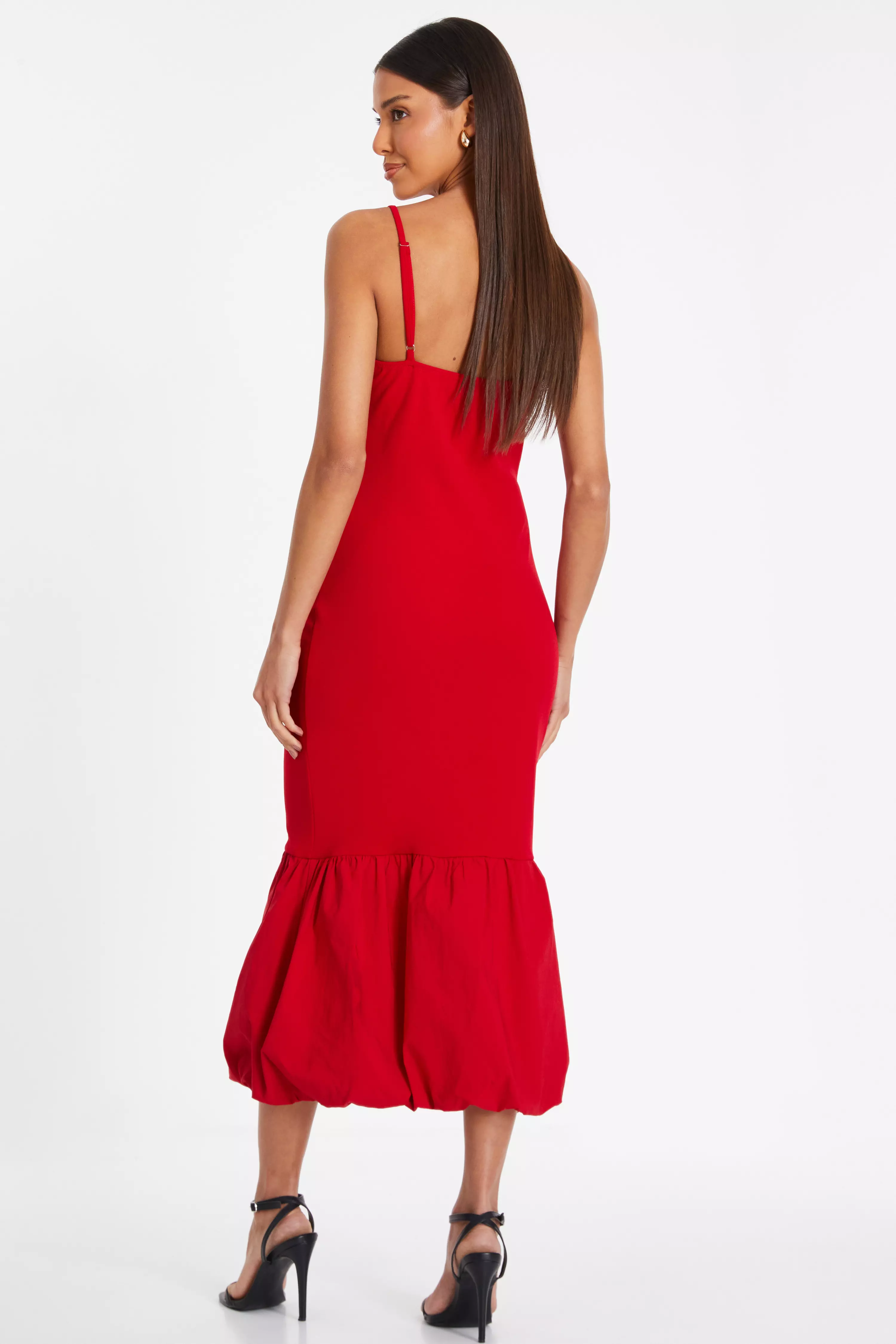 Red Puffball Hem Midi Dress