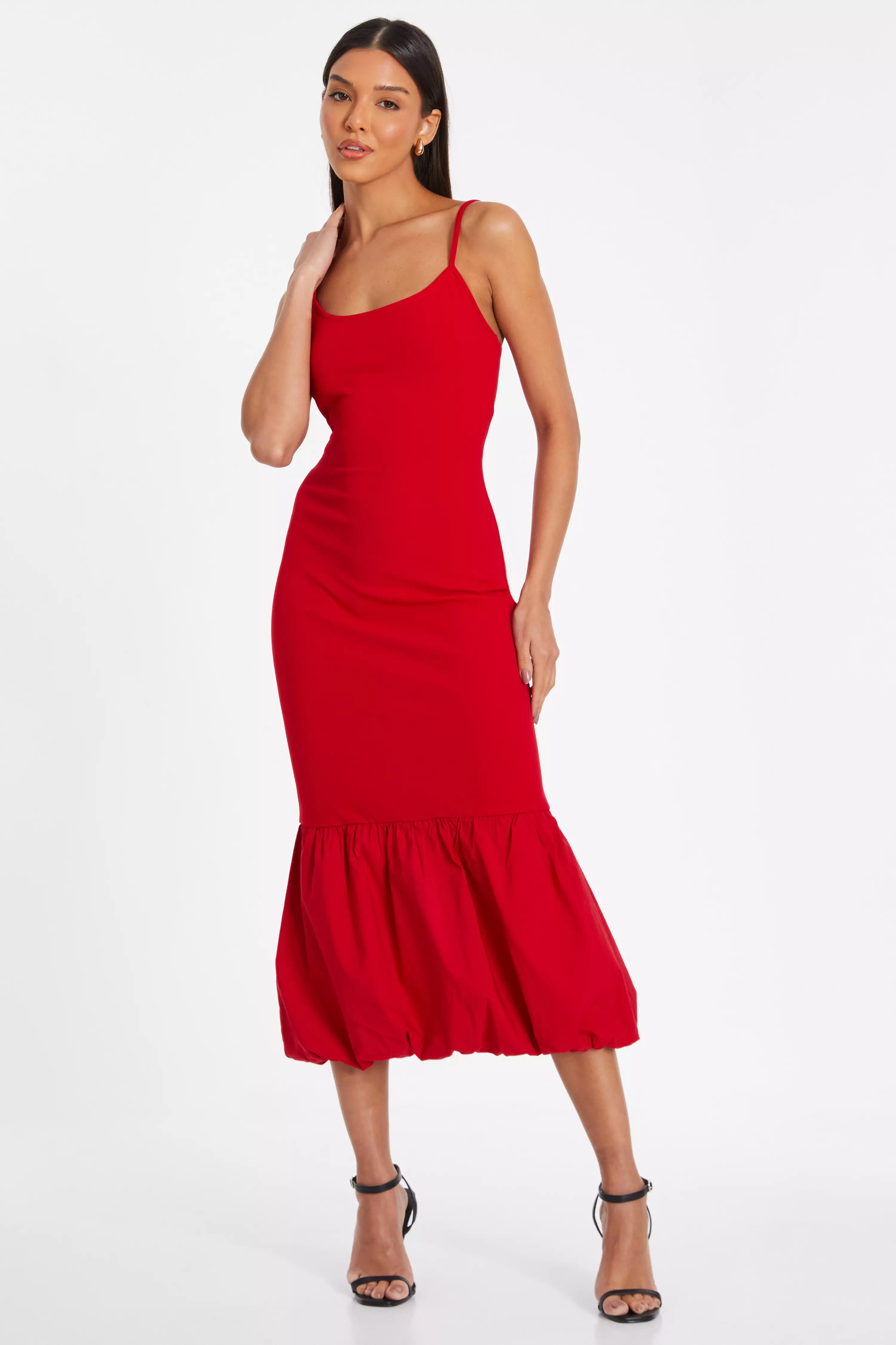 Red Puffball Hem Midi Dress