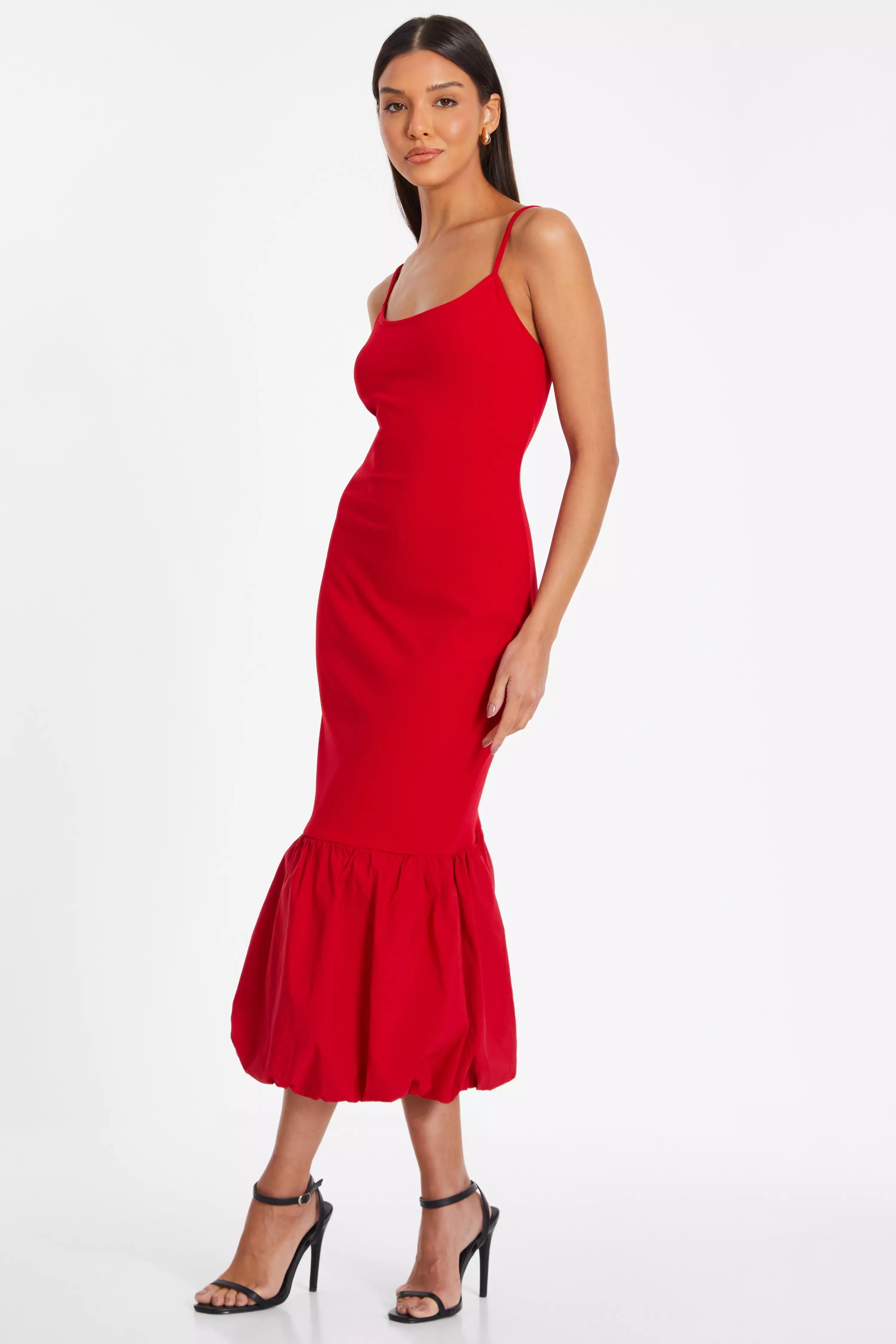 Red Puffball Hem Midi Dress