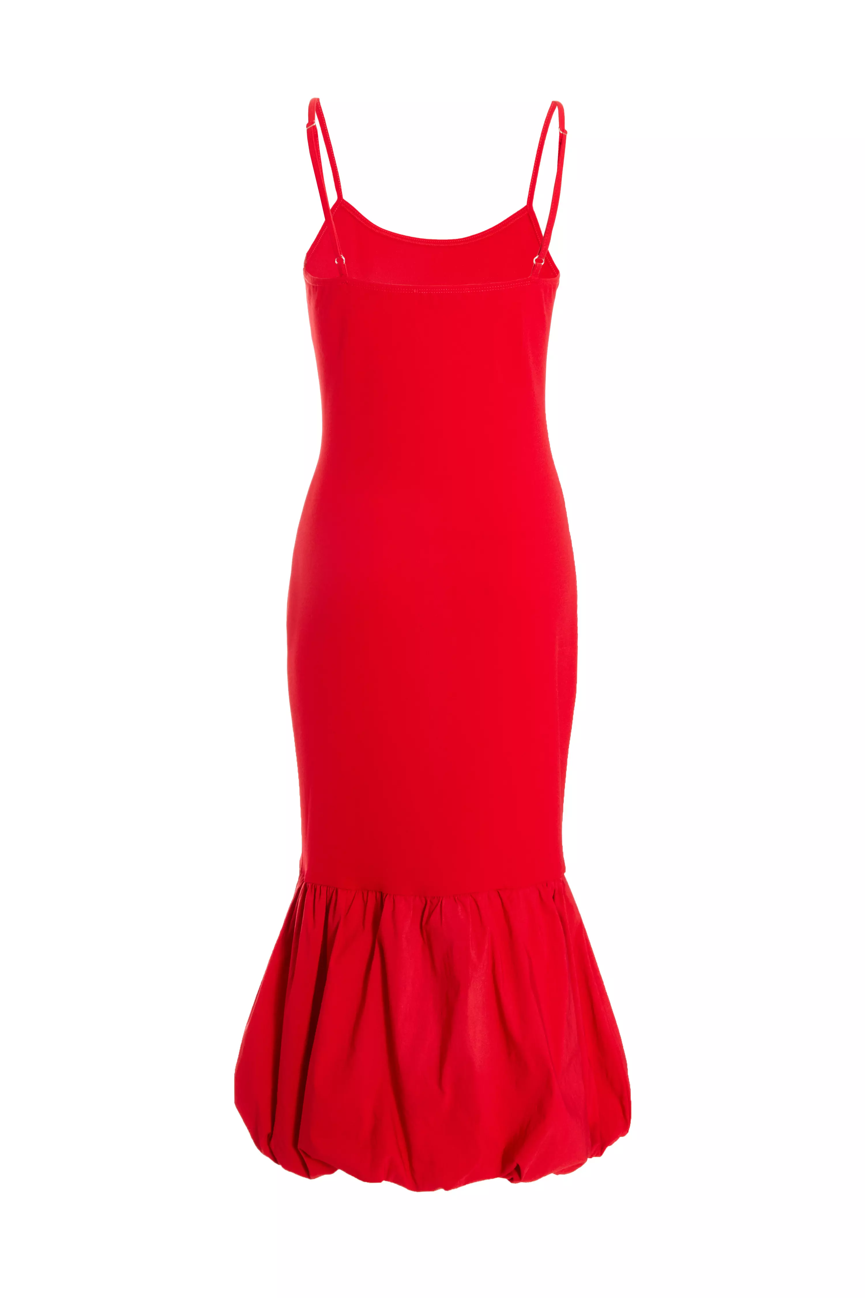 Red Puffball Hem Midi Dress